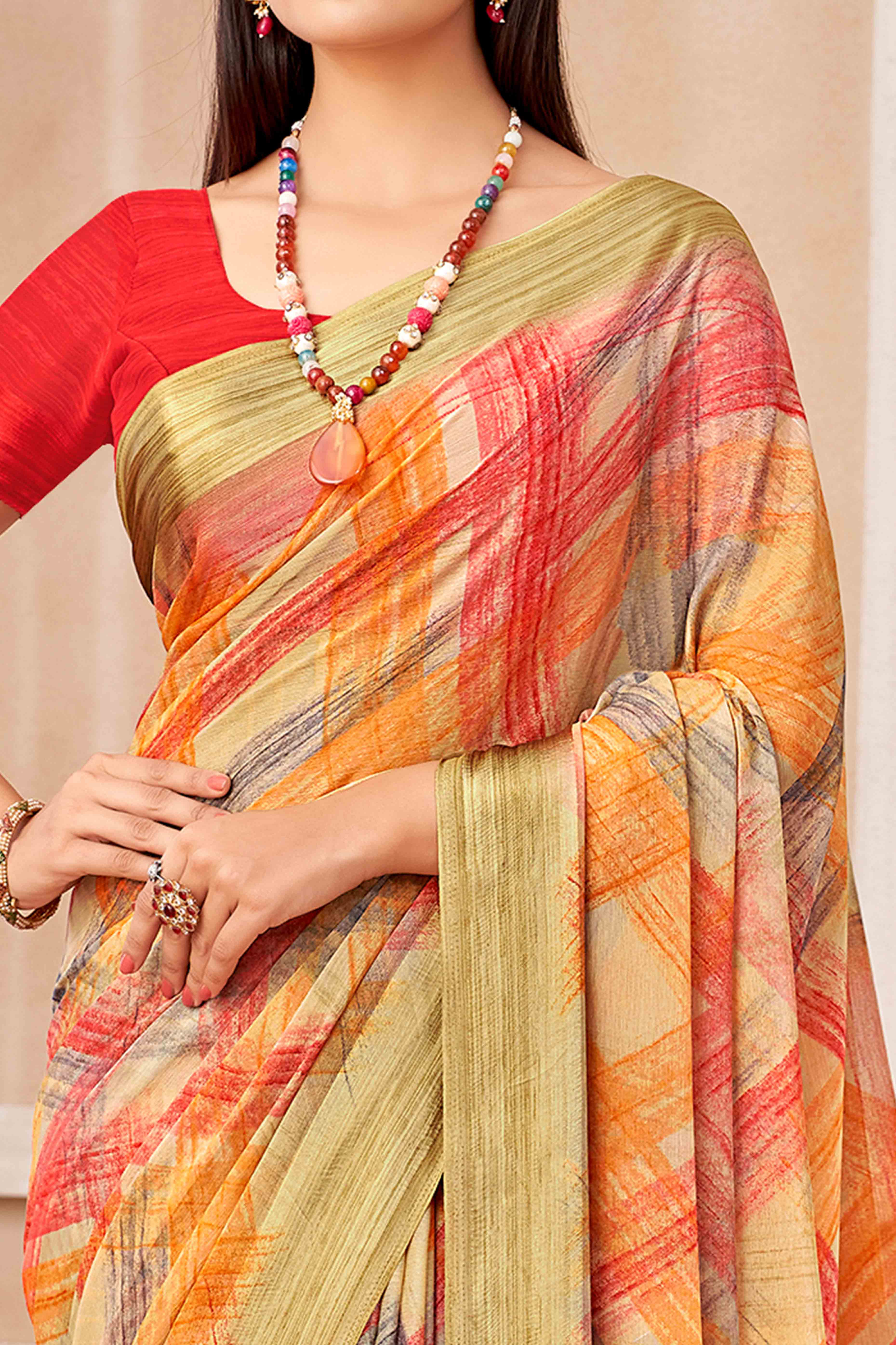 Multicolor Chiffon Saree With Delicate Prints & Elegant Satin Woven Border - Image 2