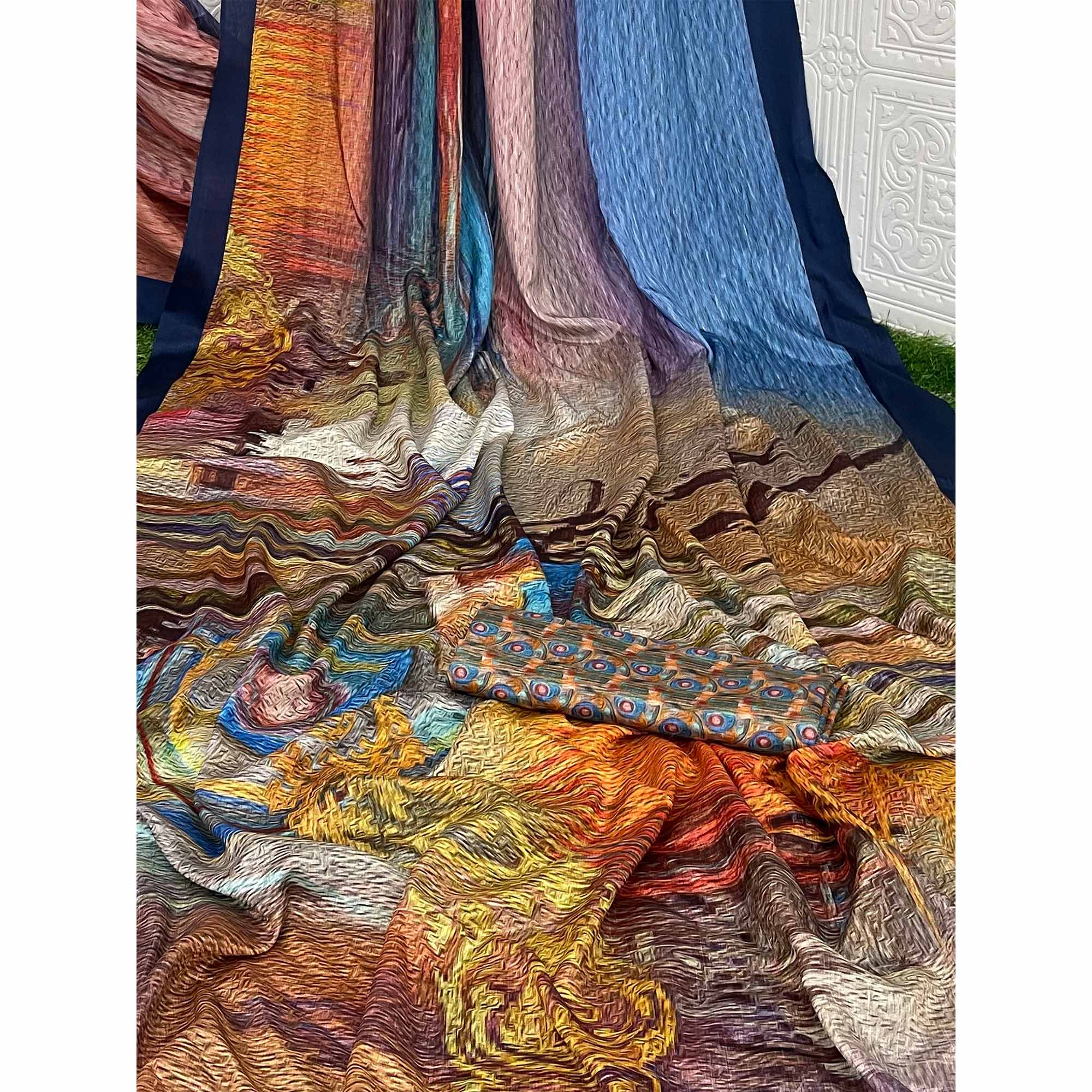 Multicolor Digital Printed Chinon Silk Saree - Image 3