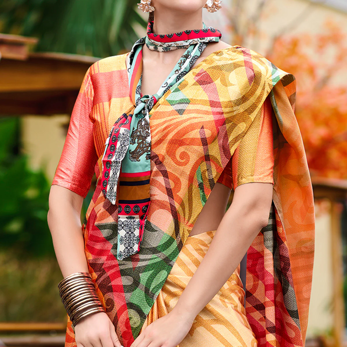 Multicolor Digital Printed Pure Satin Saree - Image 2