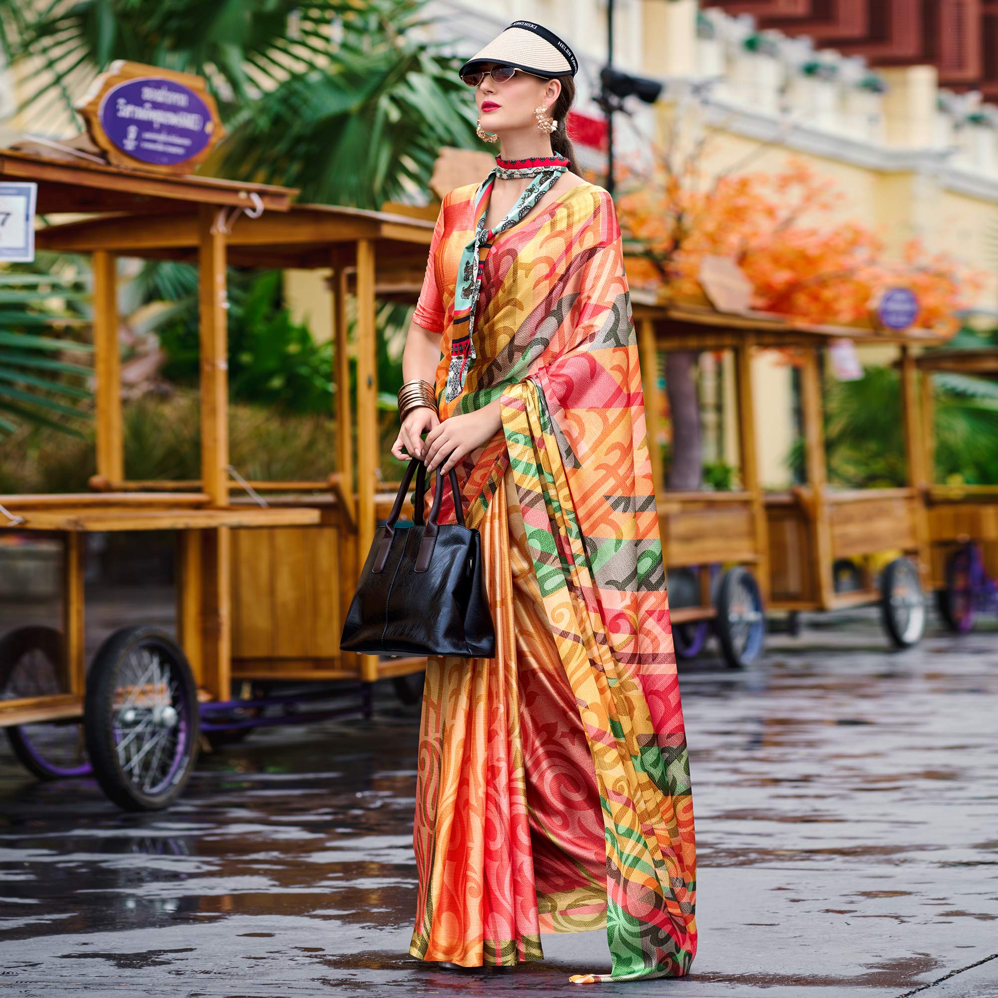 Multicolor Digital Printed Pure Satin Saree - Image 3