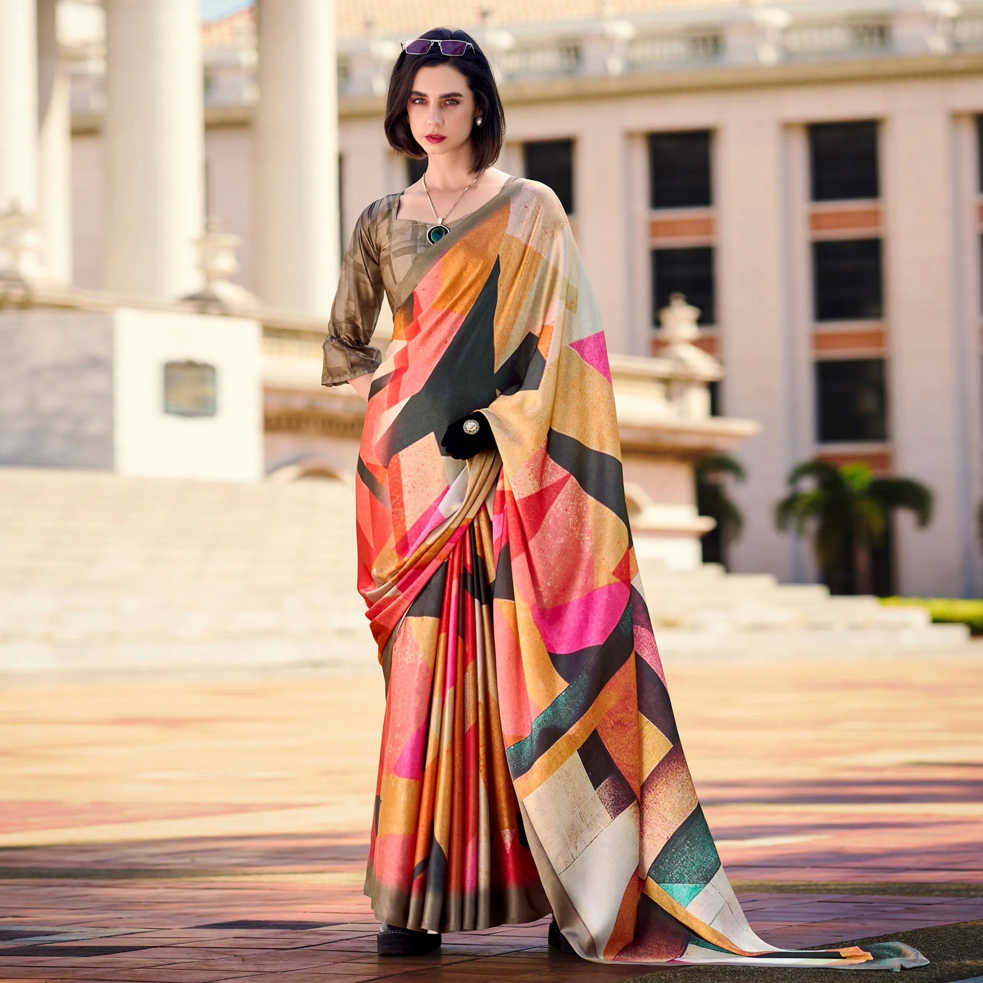 Multicolor Digital Printed Pure Satin Saree - Image 2
