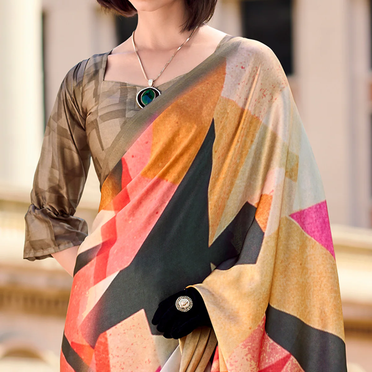 Multicolor Digital Printed Pure Satin Saree - Image 3