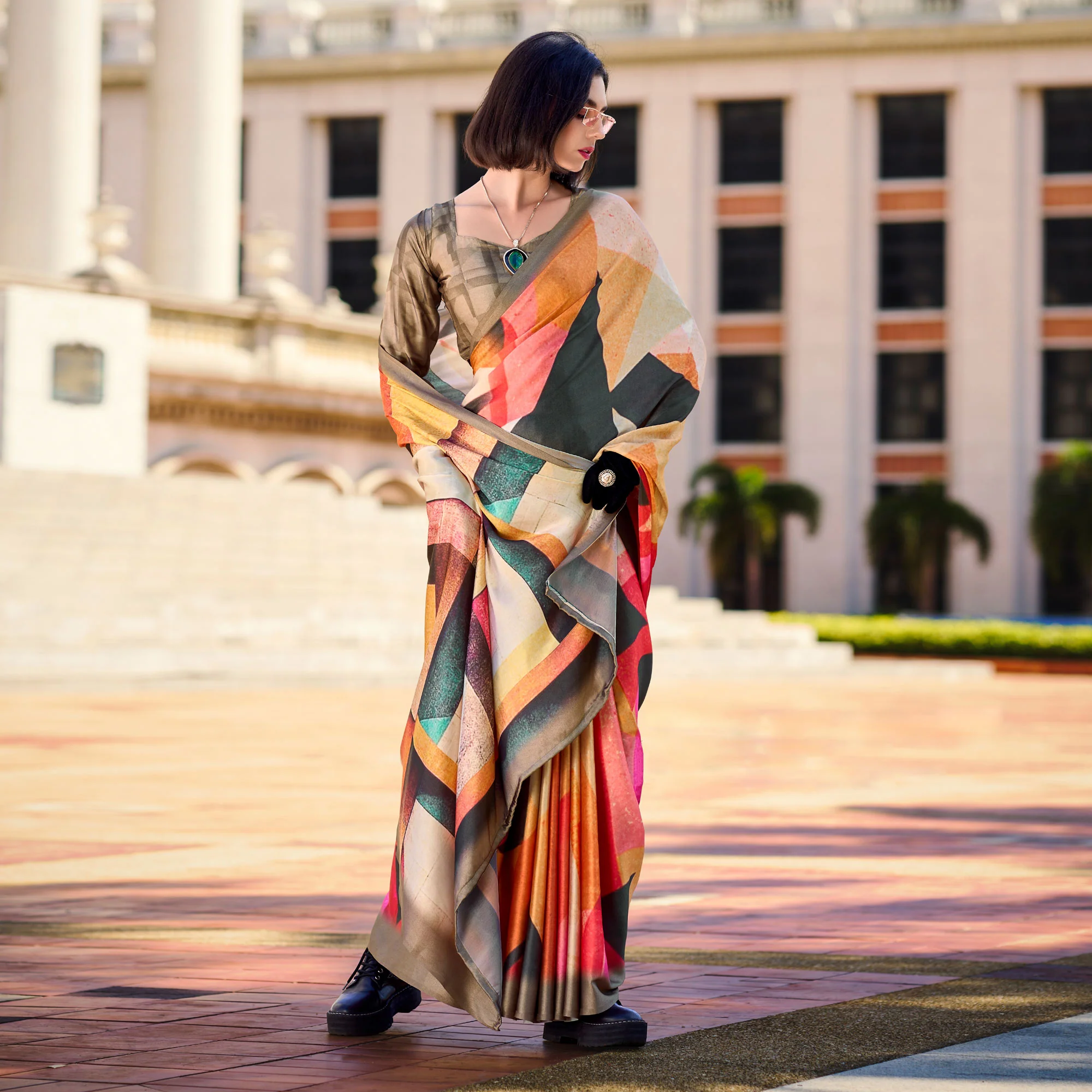 Multicolor Digital Printed Pure Satin Saree - Image 4