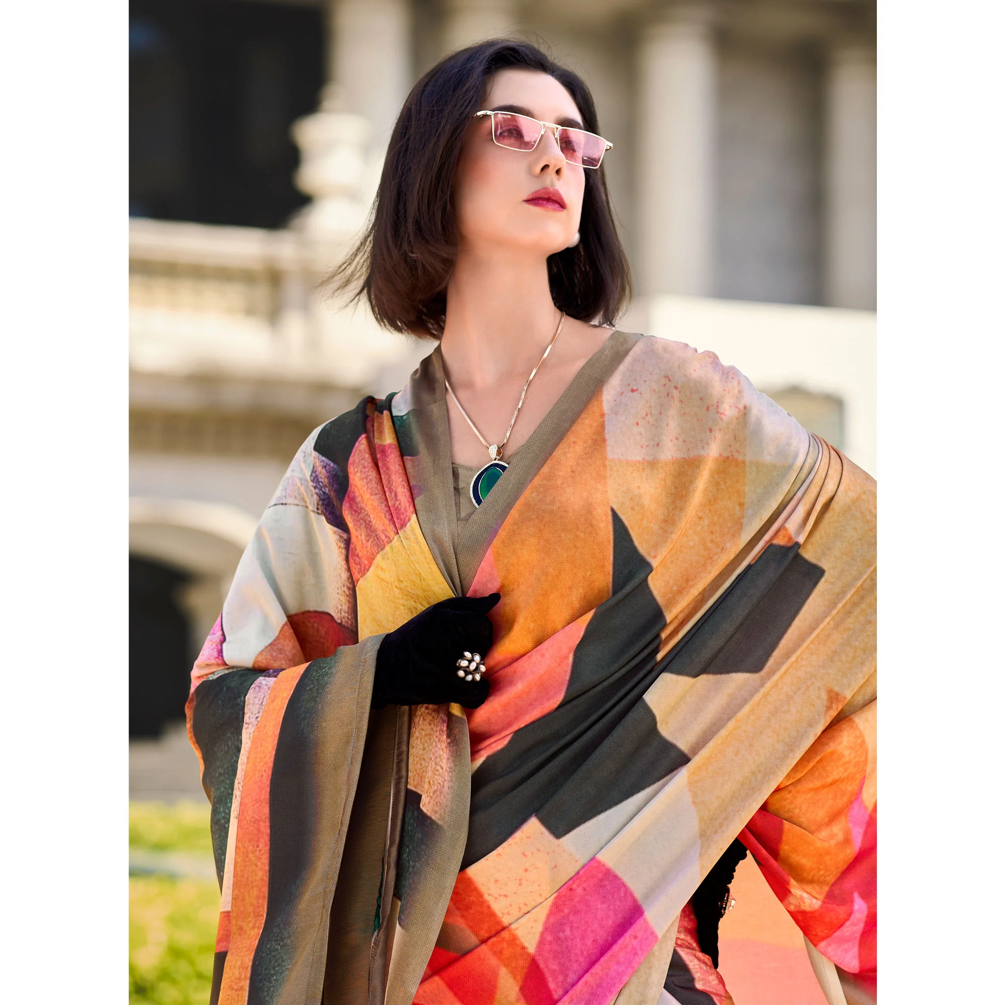 Multicolor Digital Printed Pure Satin Saree - Image 6