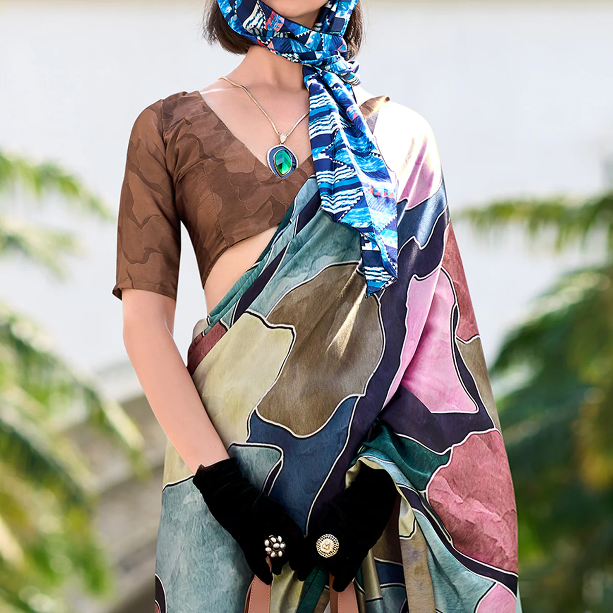 Multicolor Digital Printed Pure Satin Saree - Image 3