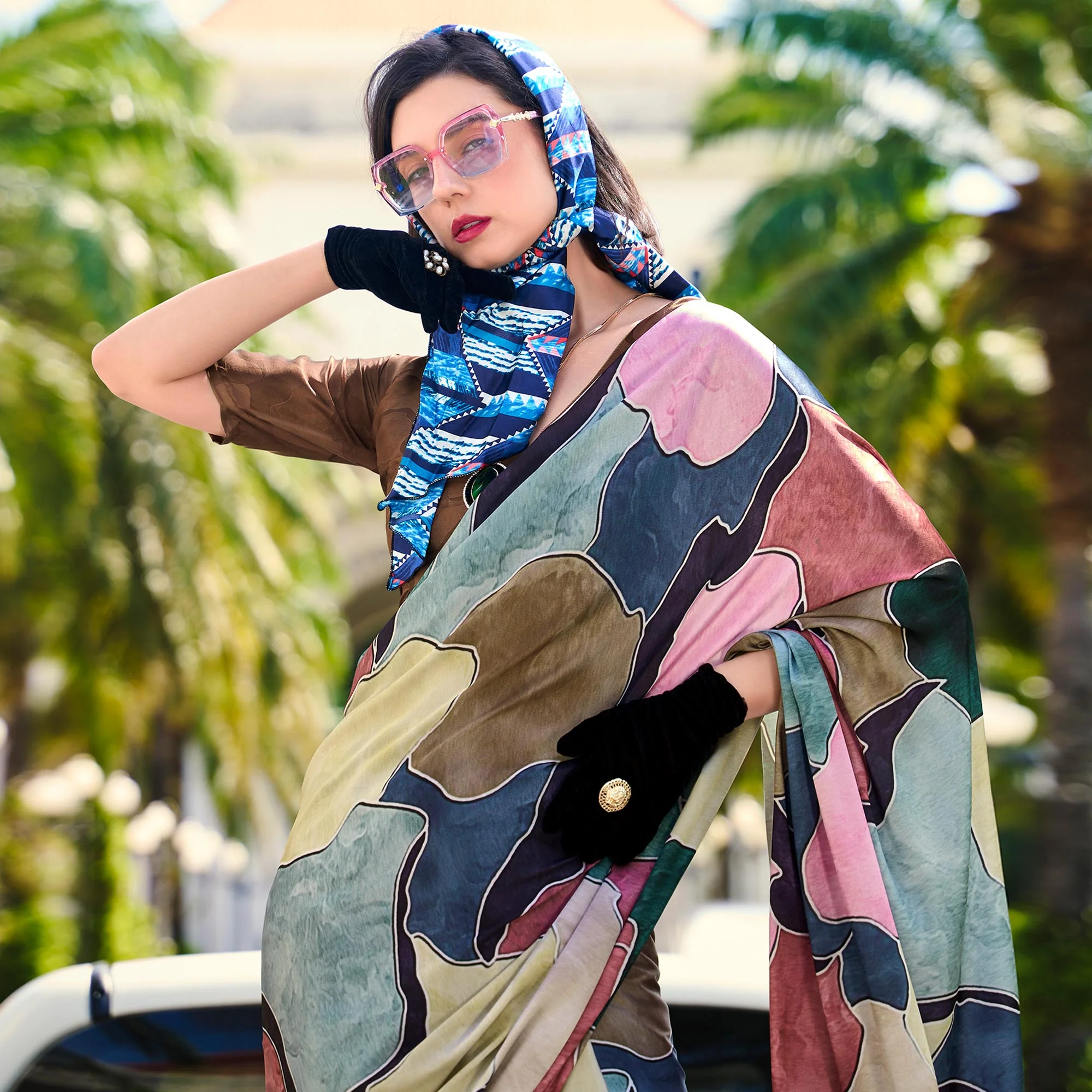 Multicolor Digital Printed Pure Satin Saree - Image 4