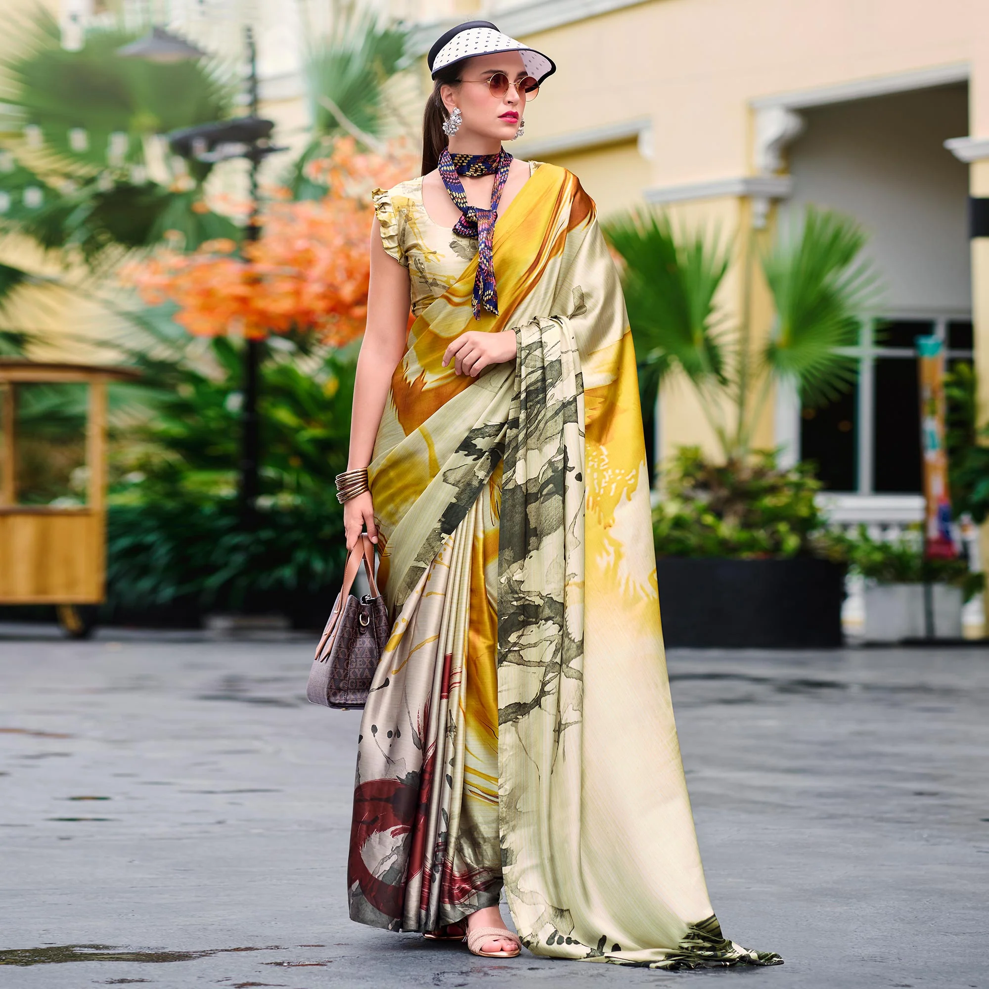 Multicolor Floral Digital Printed Pure Satin Saree - Image 2