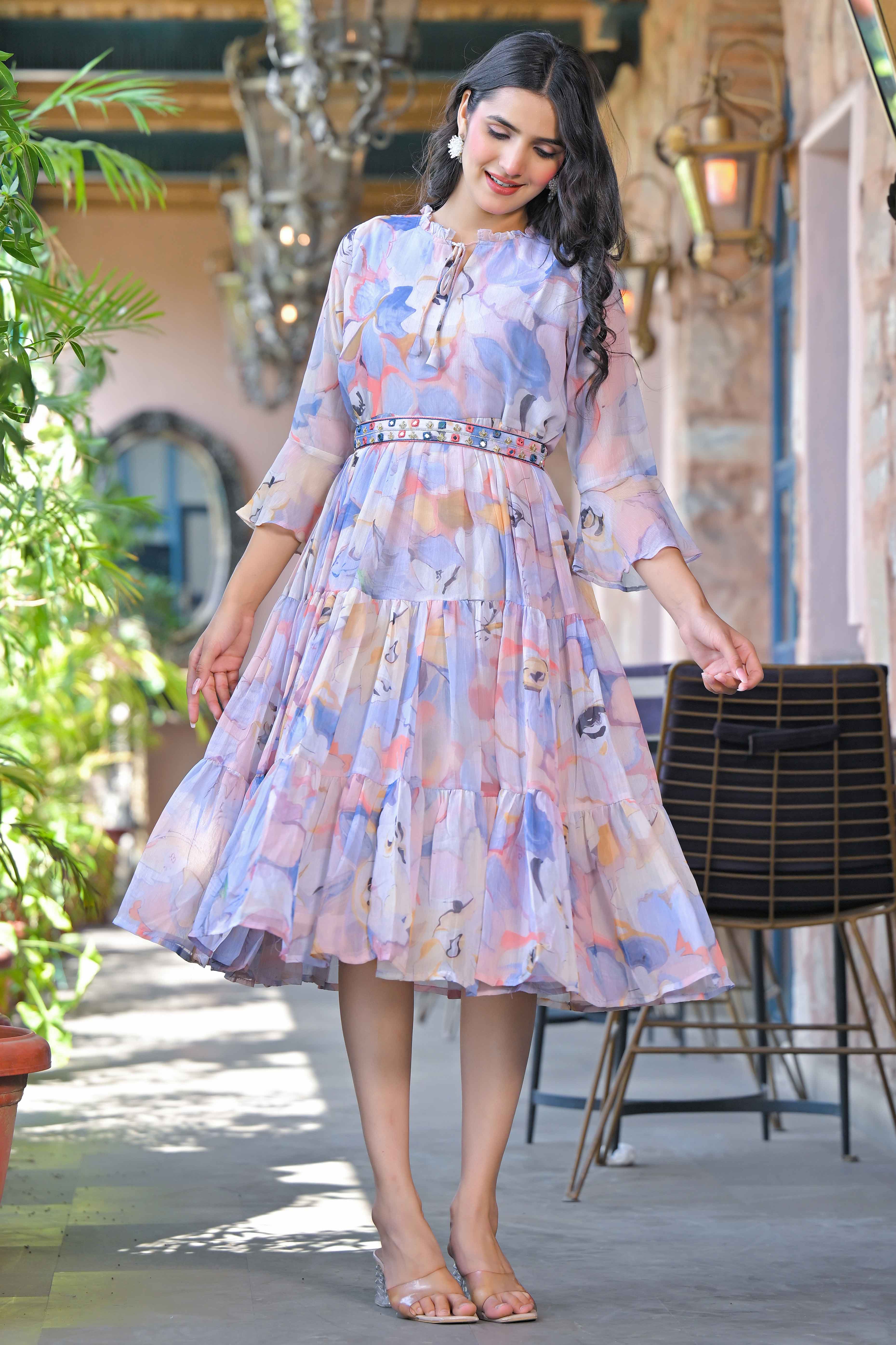 Multicolor Floral Printed Chiffon Maxi Dress With Waist Belt - Image 3