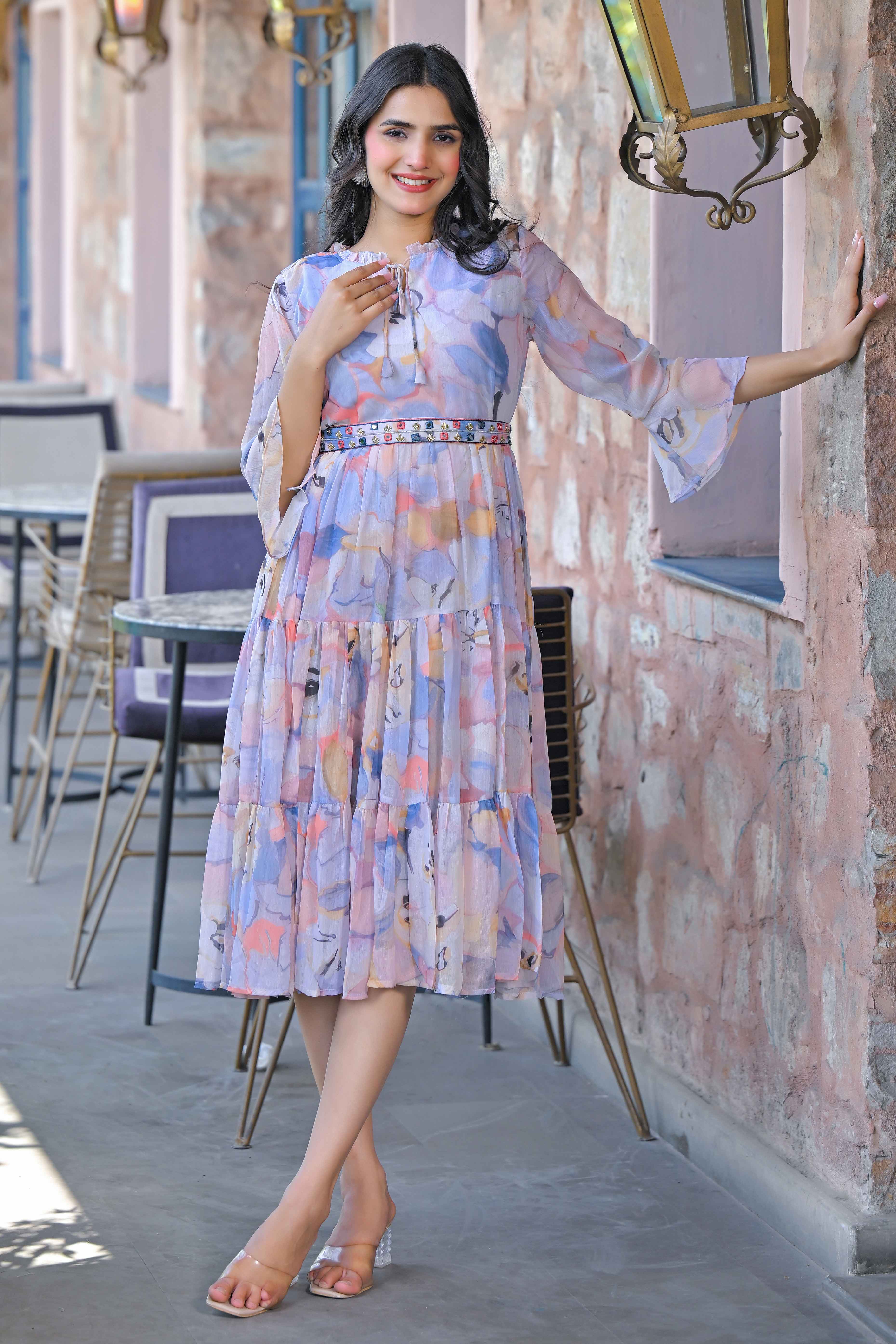 Multicolor Floral Printed Chiffon Maxi Dress With Waist Belt - Image 6