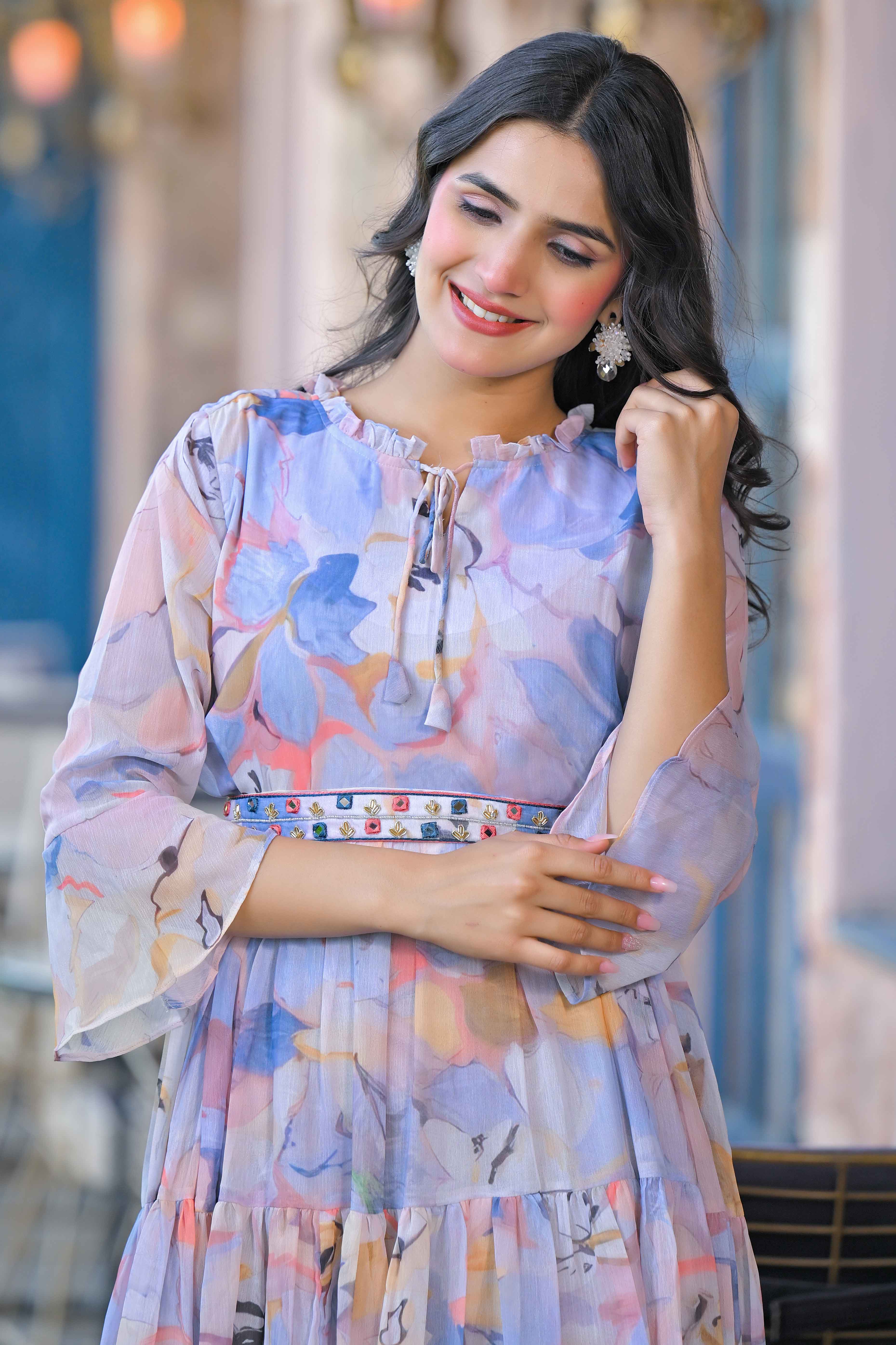 Multicolor Floral Printed Chiffon Maxi Dress With Waist Belt - Image 8
