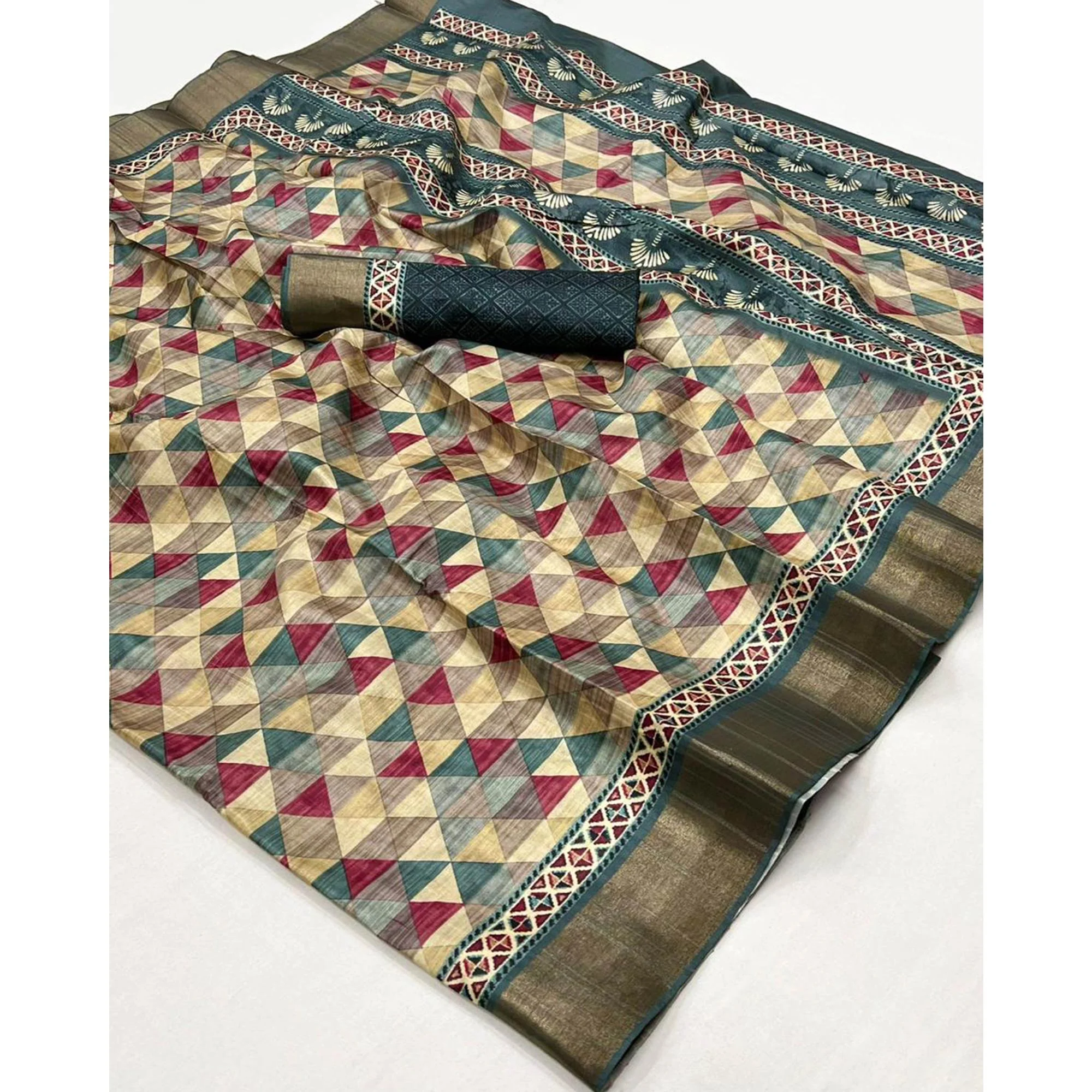 Multicolor Geometric Digital Printed Tussar Silk Saree - Image 3