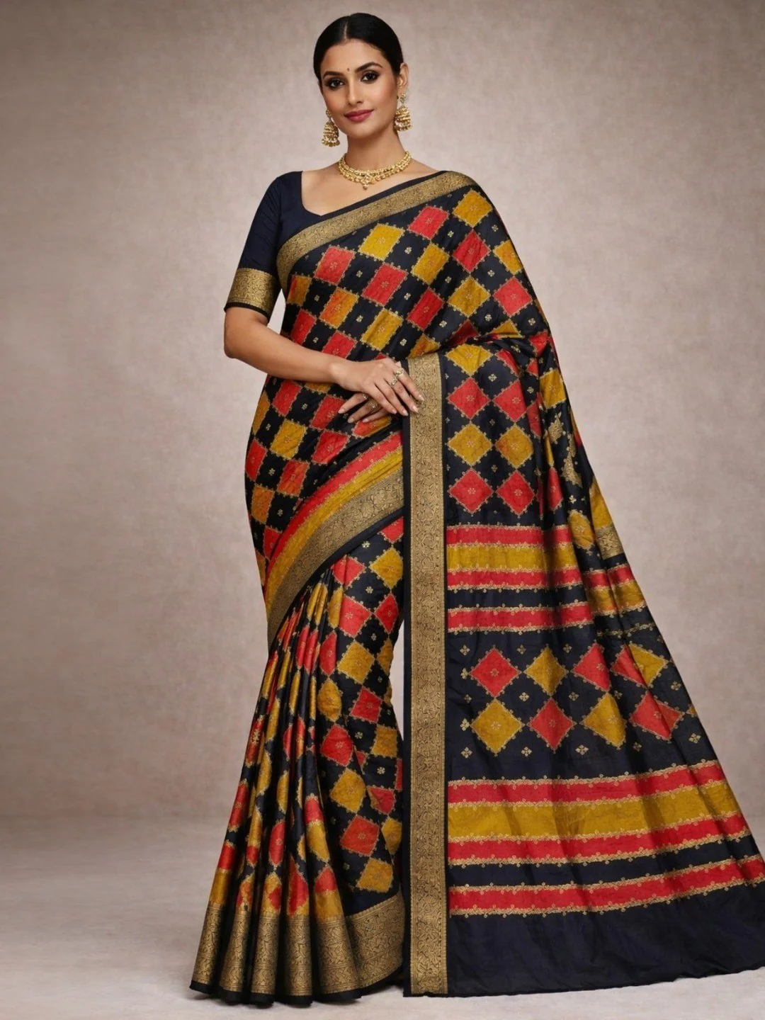 Multicolor Georgette Saree with Woven Zari Border and Foil Print