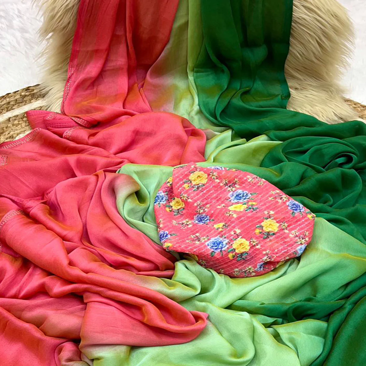 Multicolor Ombre Printed Chiffon Saree - Image 2