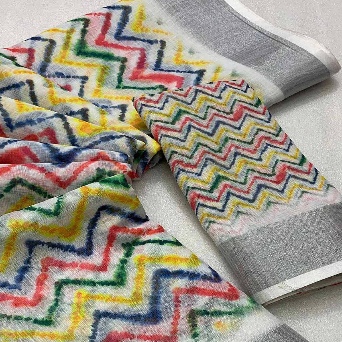 Multicolor Printed Soft Linen Saree - Image 2