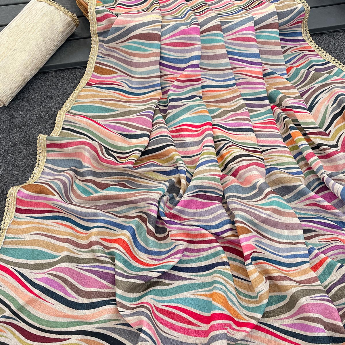Multicolor Striped Digital Printed Chinon Silk Saree With Fancy Lace Border - Image 2