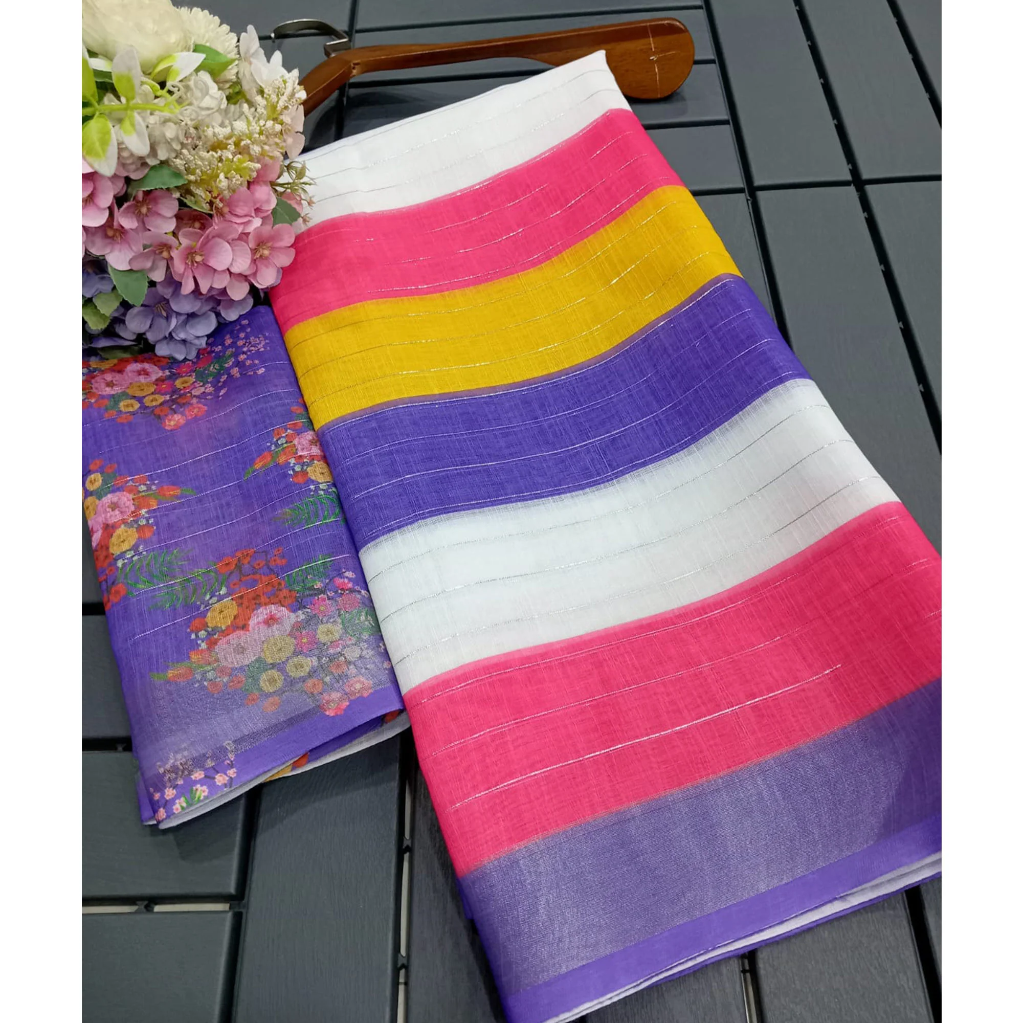 Multicolor Zari Weaving Linen Cotton Saree - Image 4