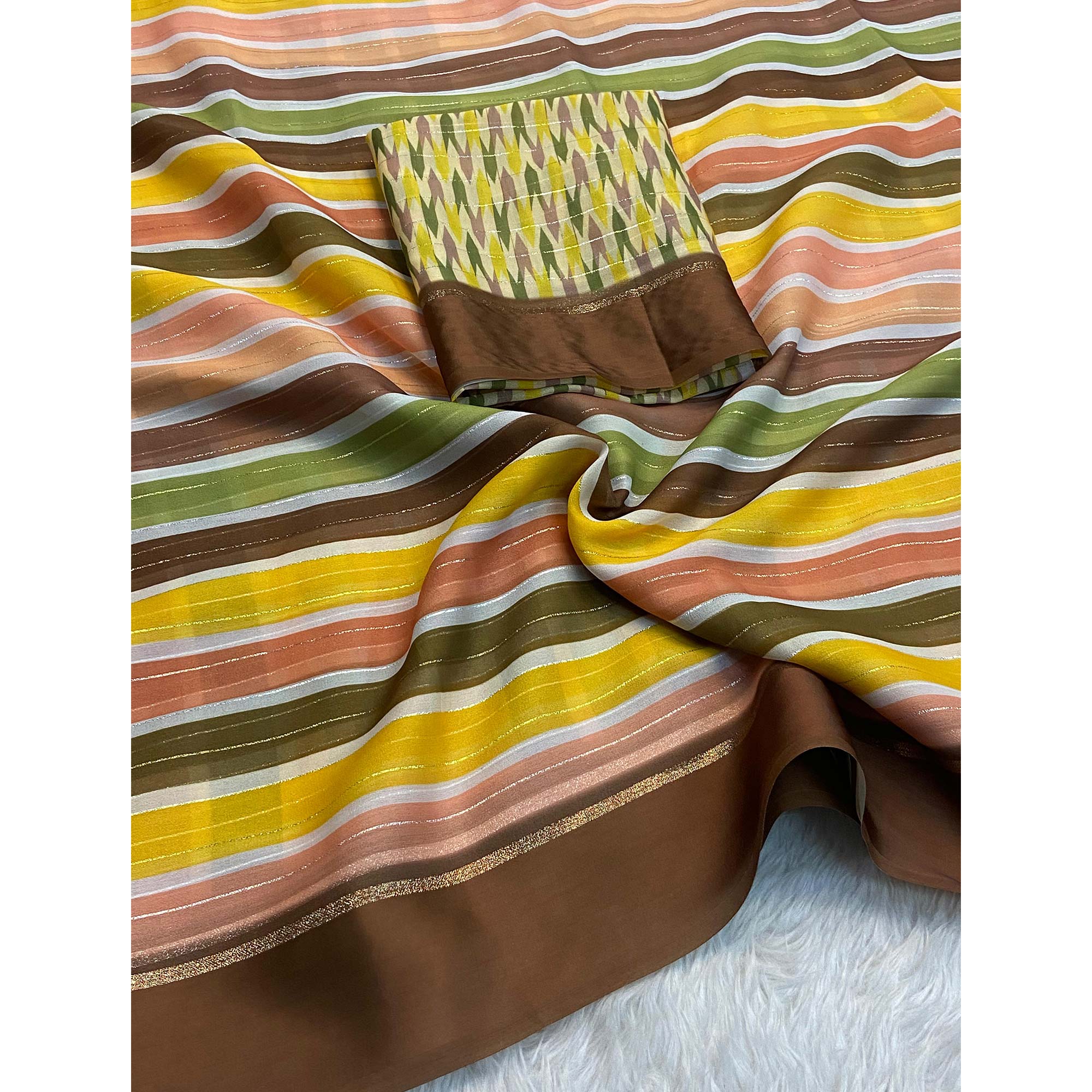 Multicolor Zari Weaving With Printed Chiffon Saree - Image 3