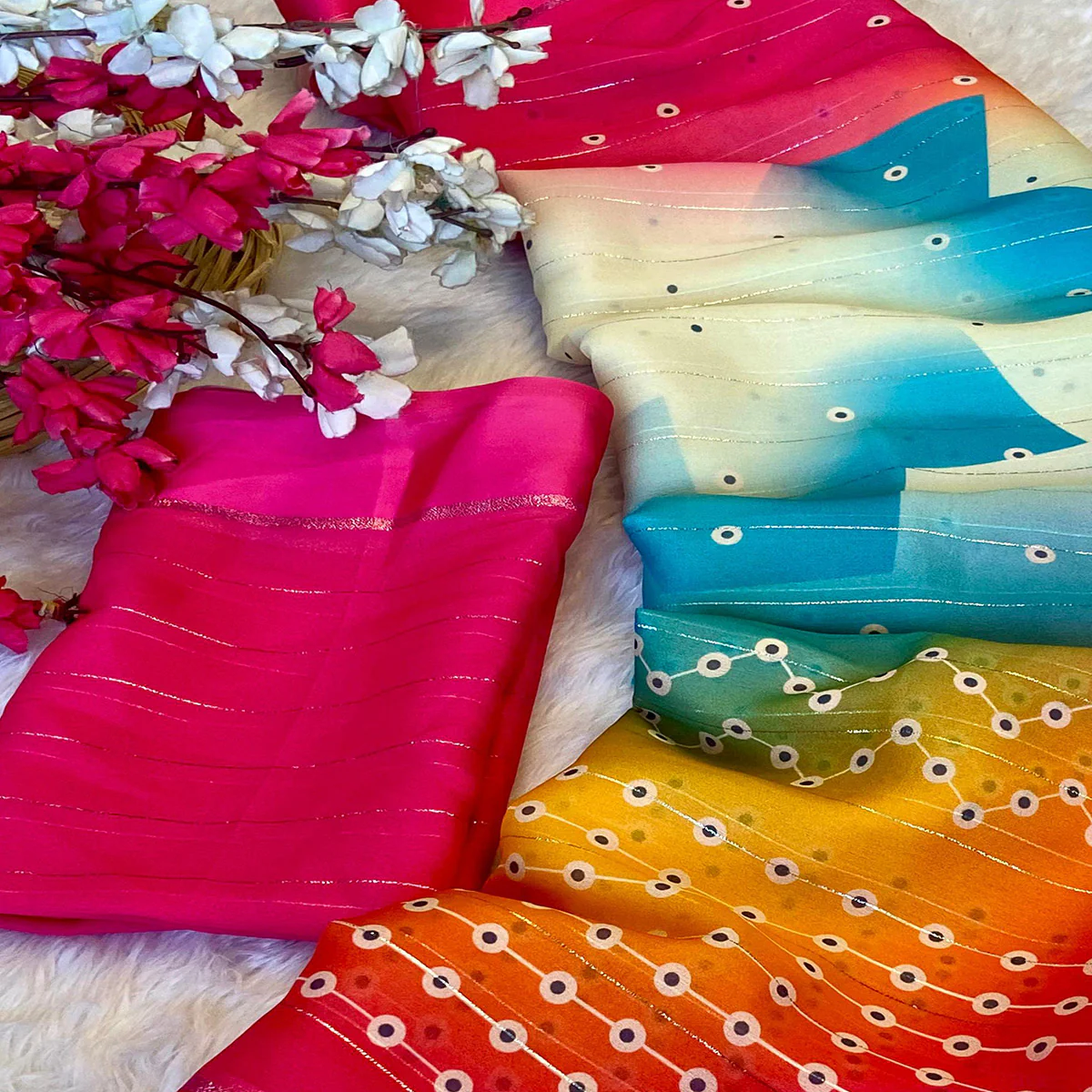 Multicolor Zari Weaving With Printed Chiffon Saree - Image 2