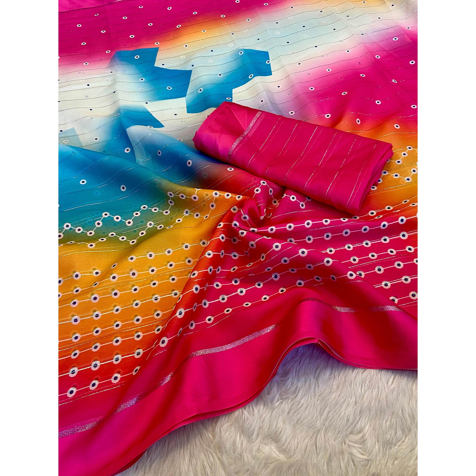 Multicolor Zari Weaving With Printed Chiffon Saree - Image 3