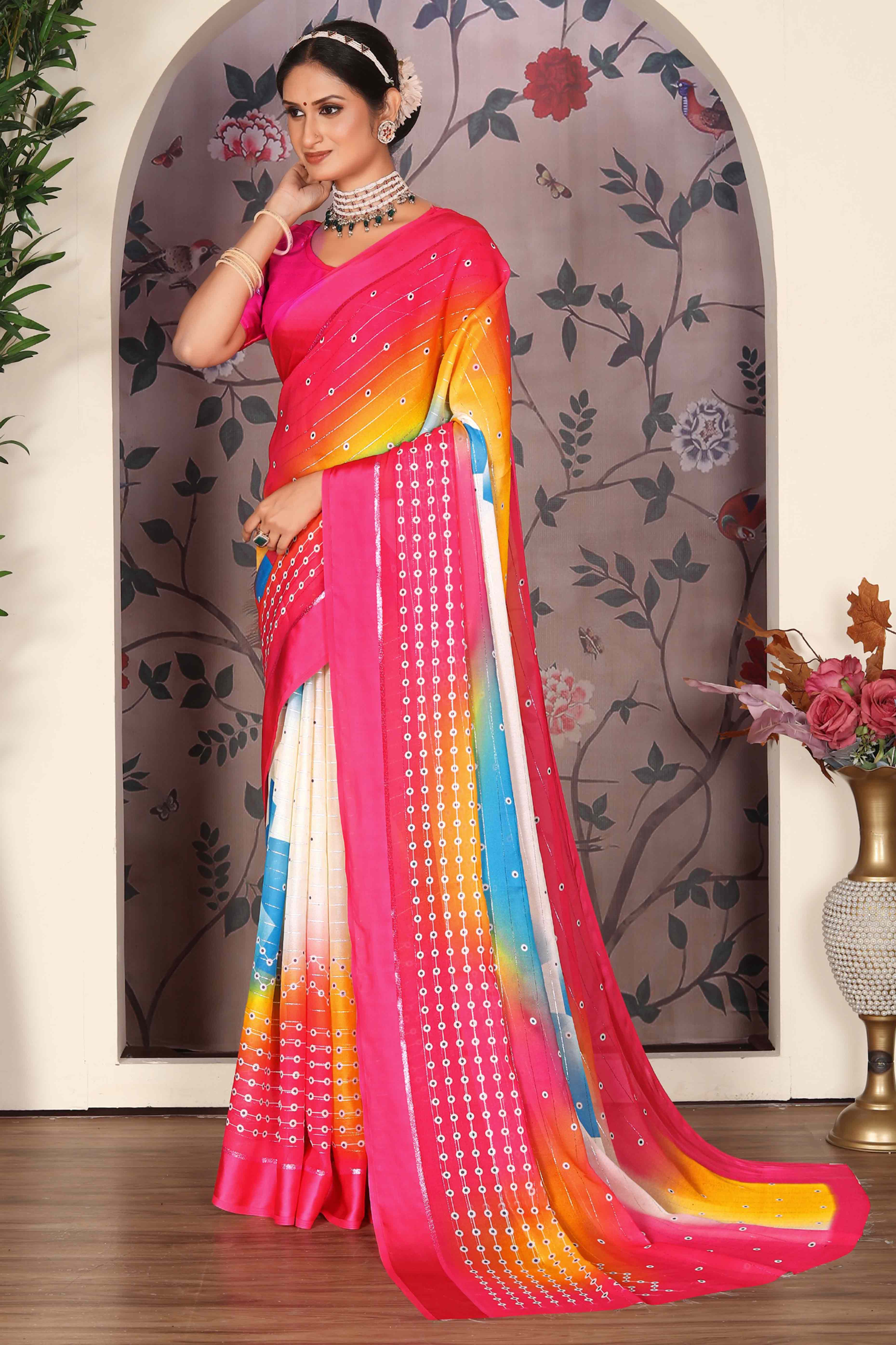 Multicolor Zari Weaving With Printed Chiffon Saree - Image 4