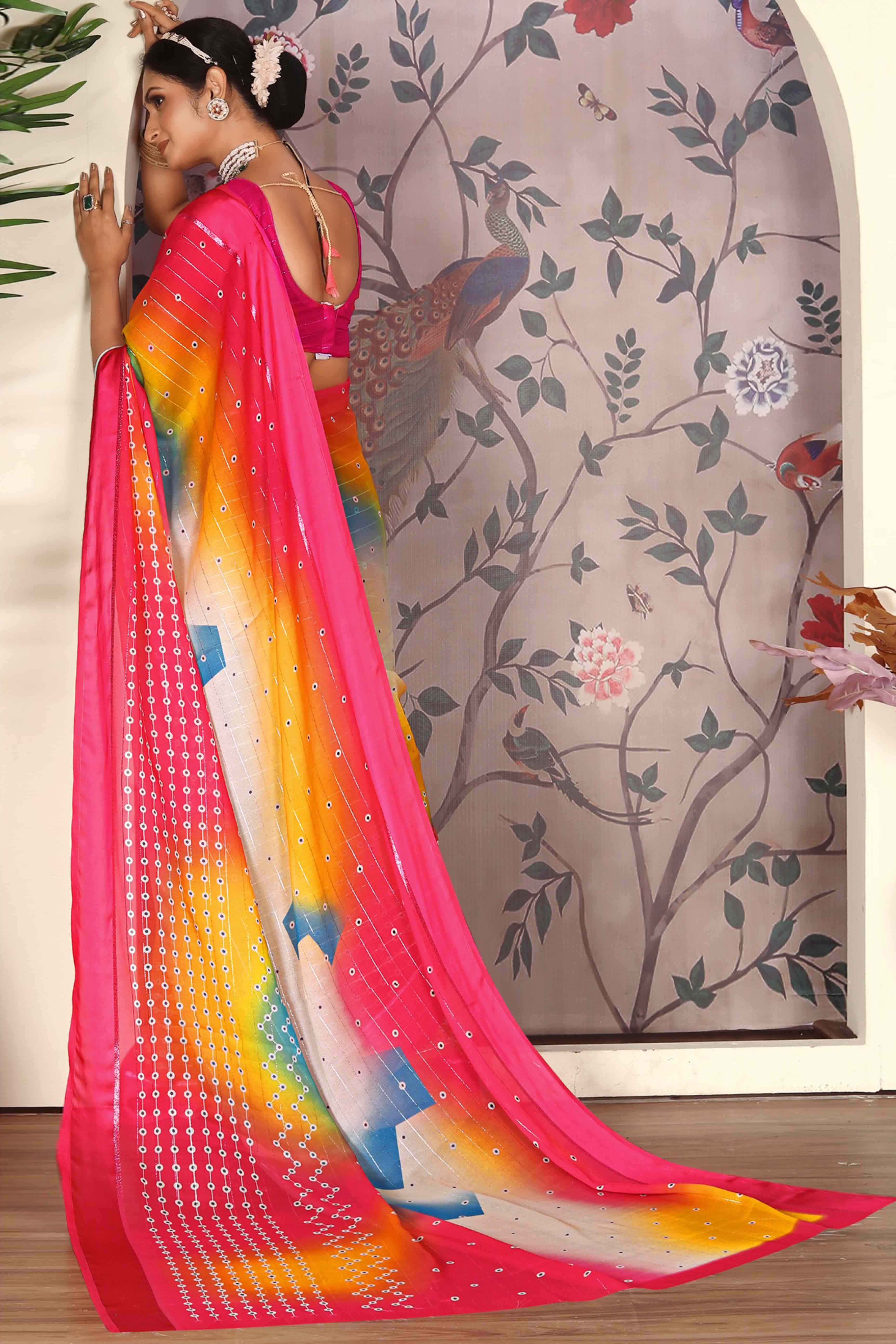 Multicolor Zari Weaving With Printed Chiffon Saree - Image 5