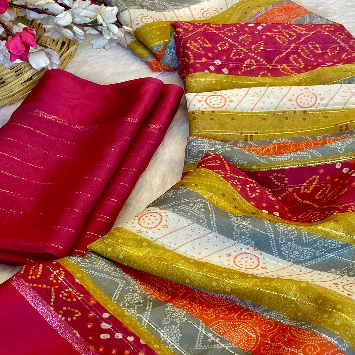 Multicolor Zari Weaving With Printed Chiffon Saree - Image 2