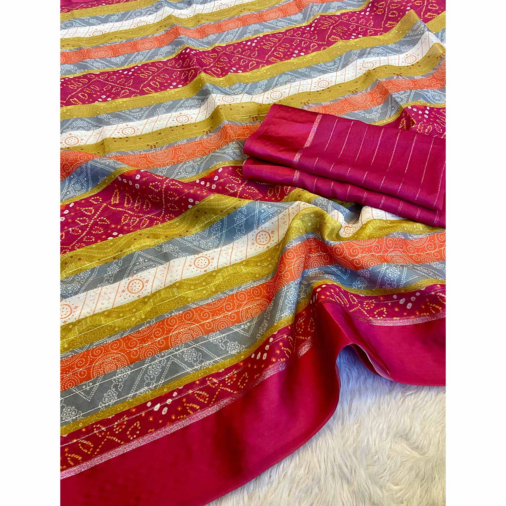 Multicolor Zari Weaving With Printed Chiffon Saree - Image 3
