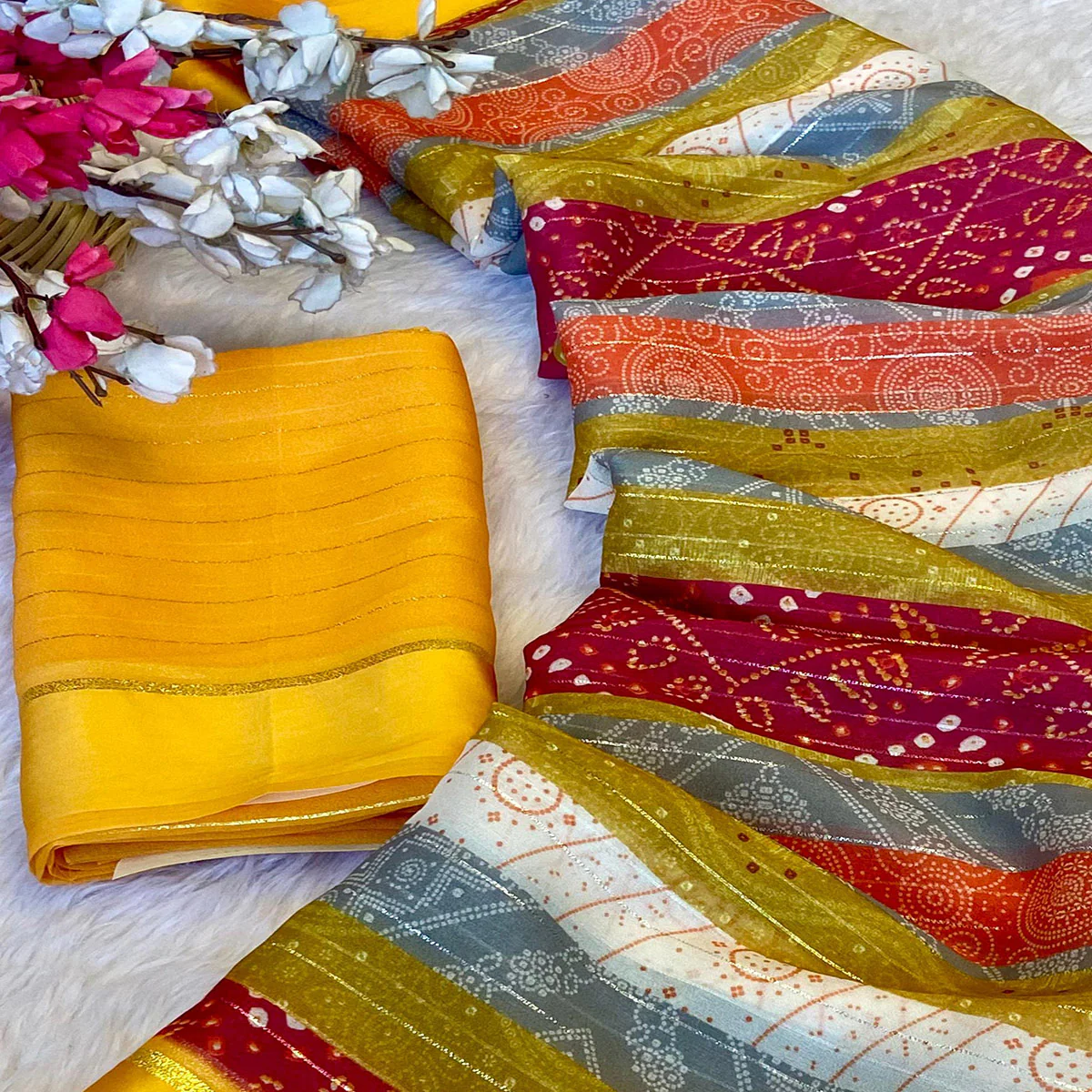 Multicolor Zari Weaving With Printed Chiffon Saree - Image 2