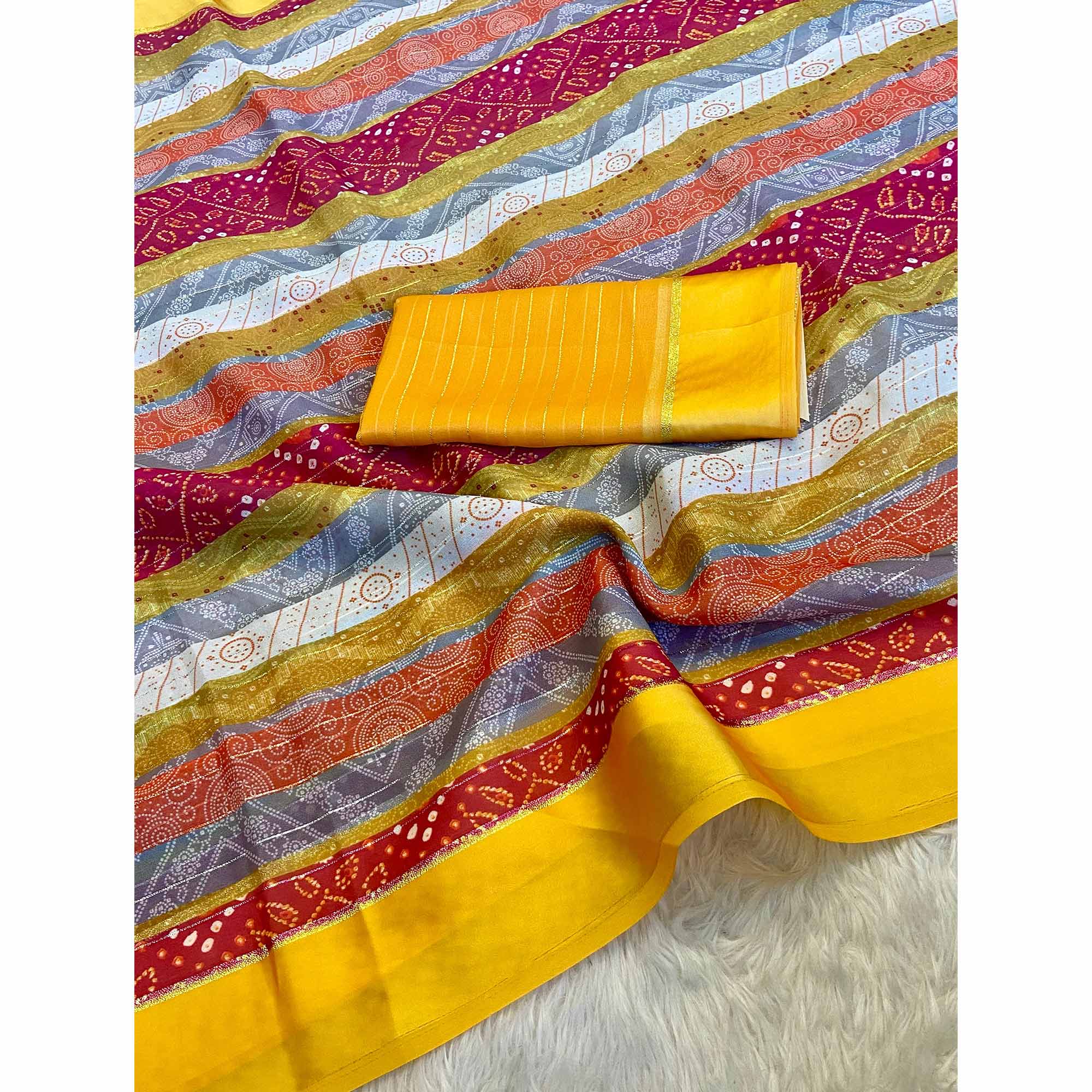 Multicolor Zari Weaving With Printed Chiffon Saree - Image 3