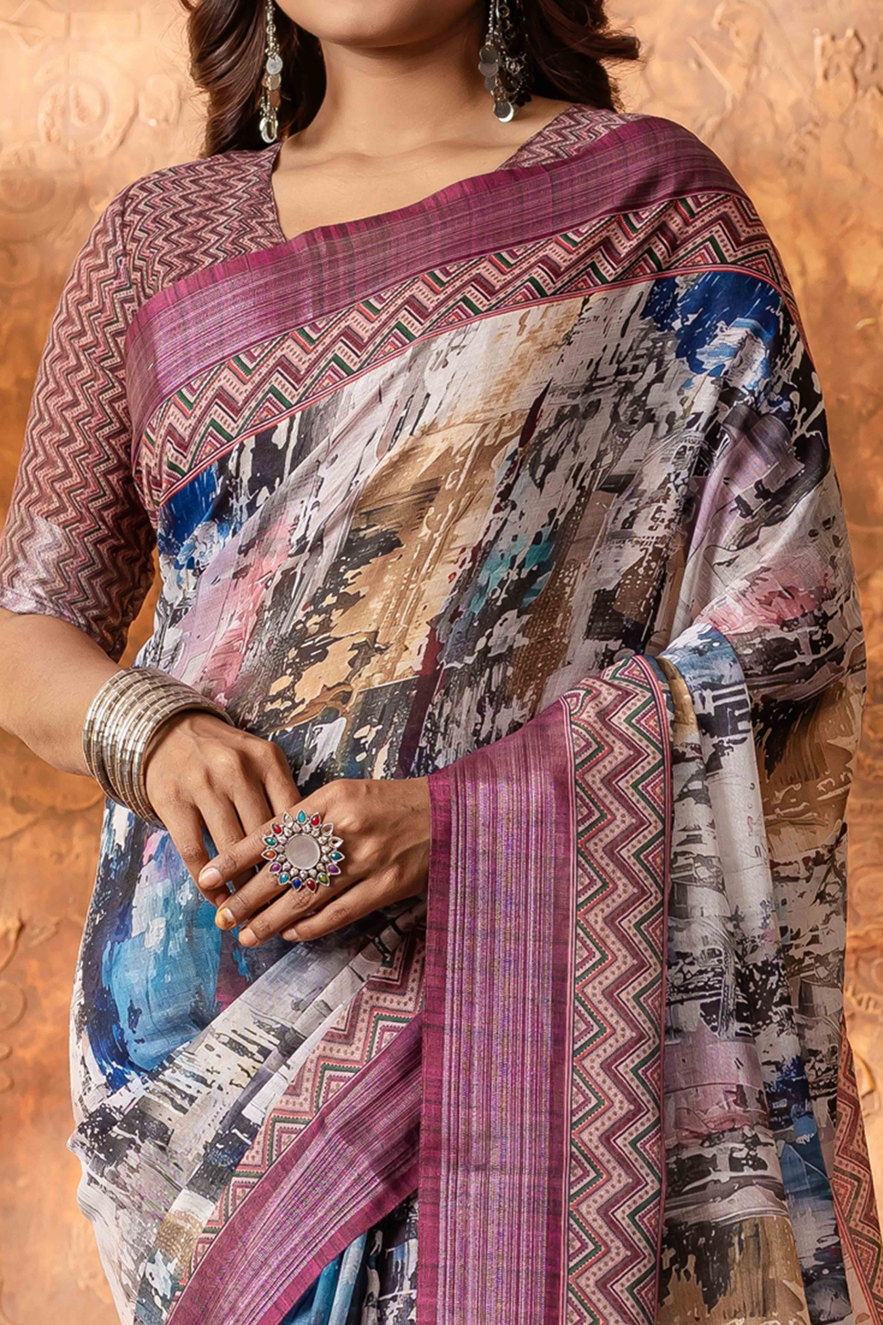 Multicolour Abstract Printed Pure Linen Saree With Zari Border - Image 2