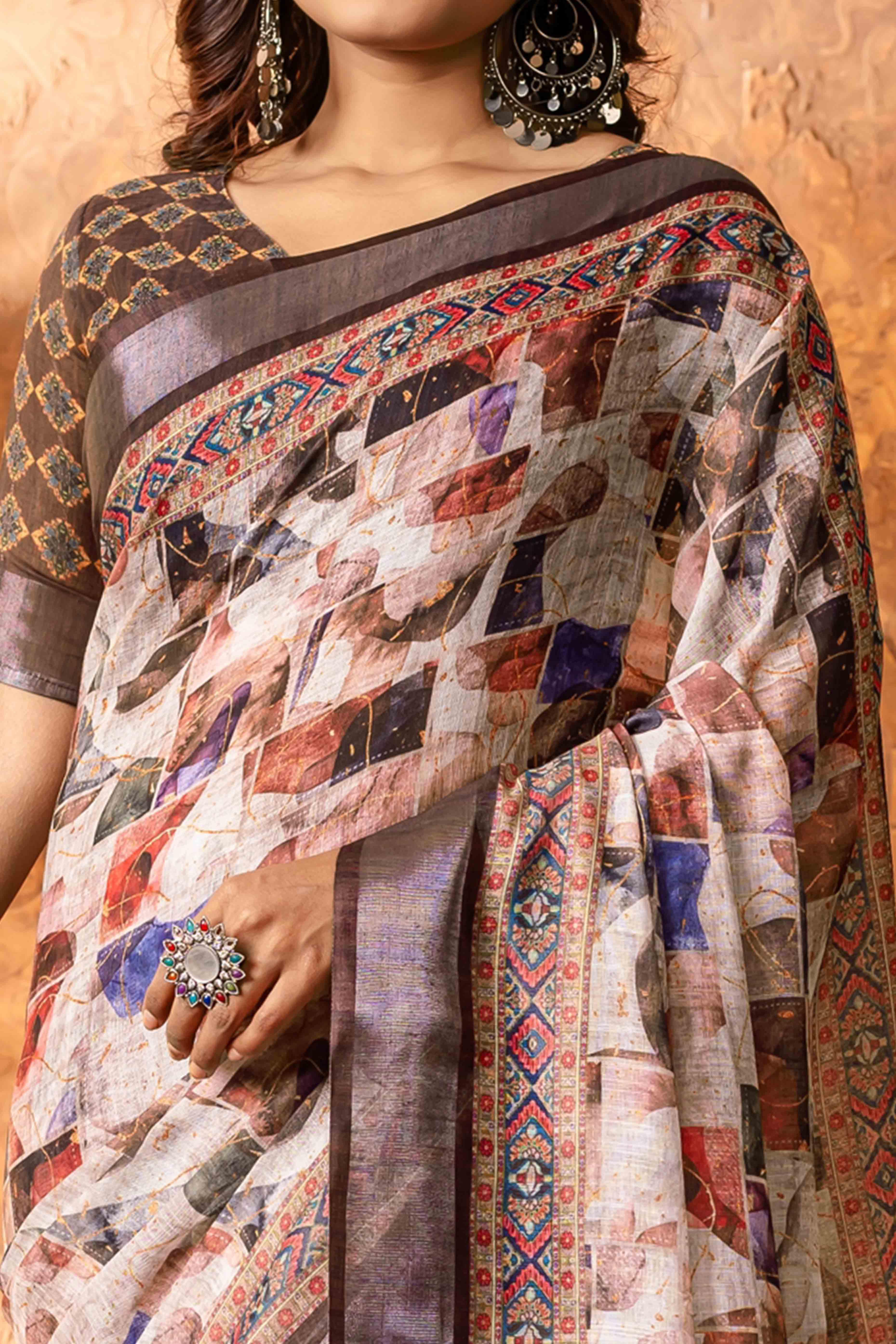 Multicolour Abstract Printed Pure Linen Saree With Zari Border - Image 2