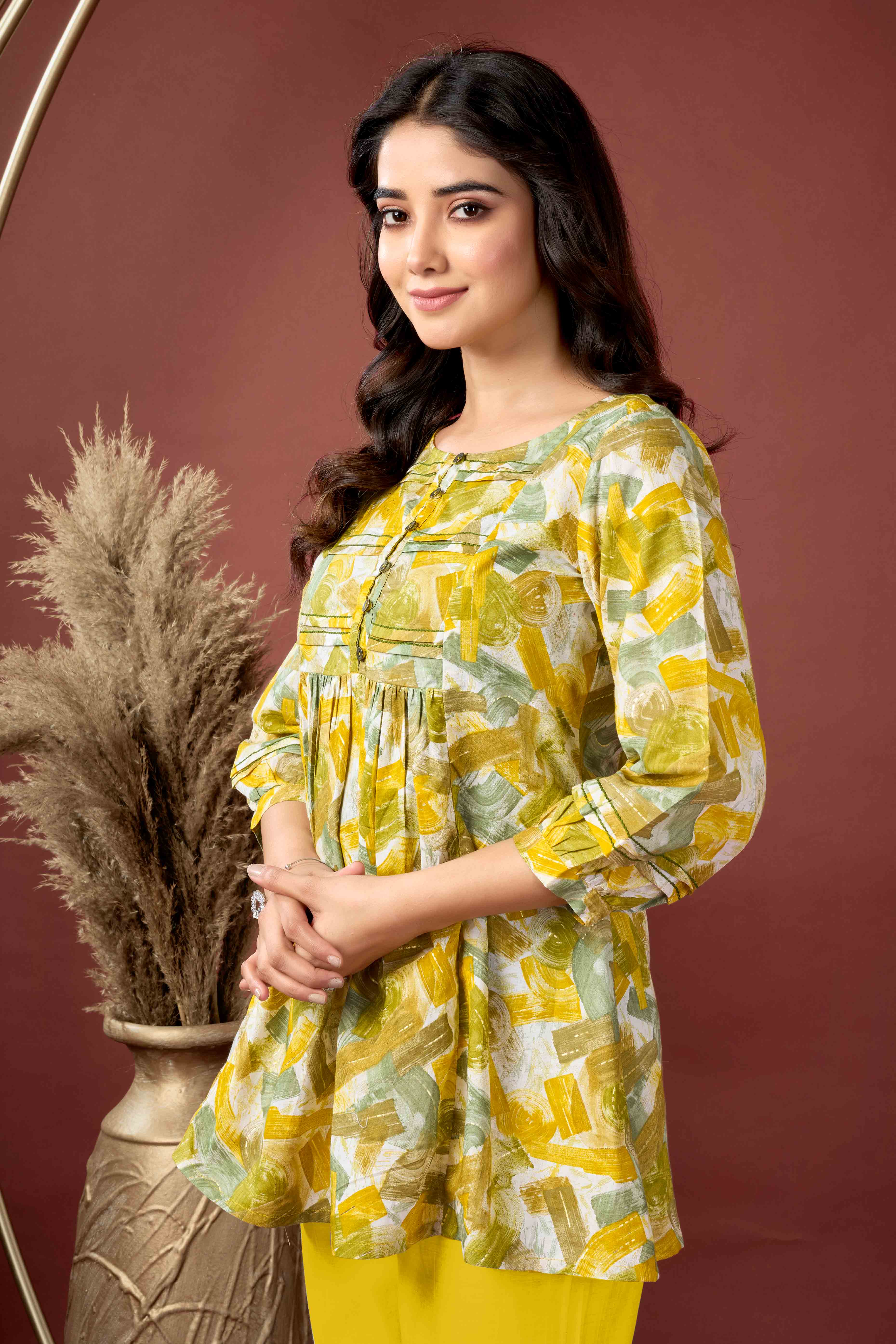 Mustard Abstract Printed Pure Cotton A-Line Top - Image 5