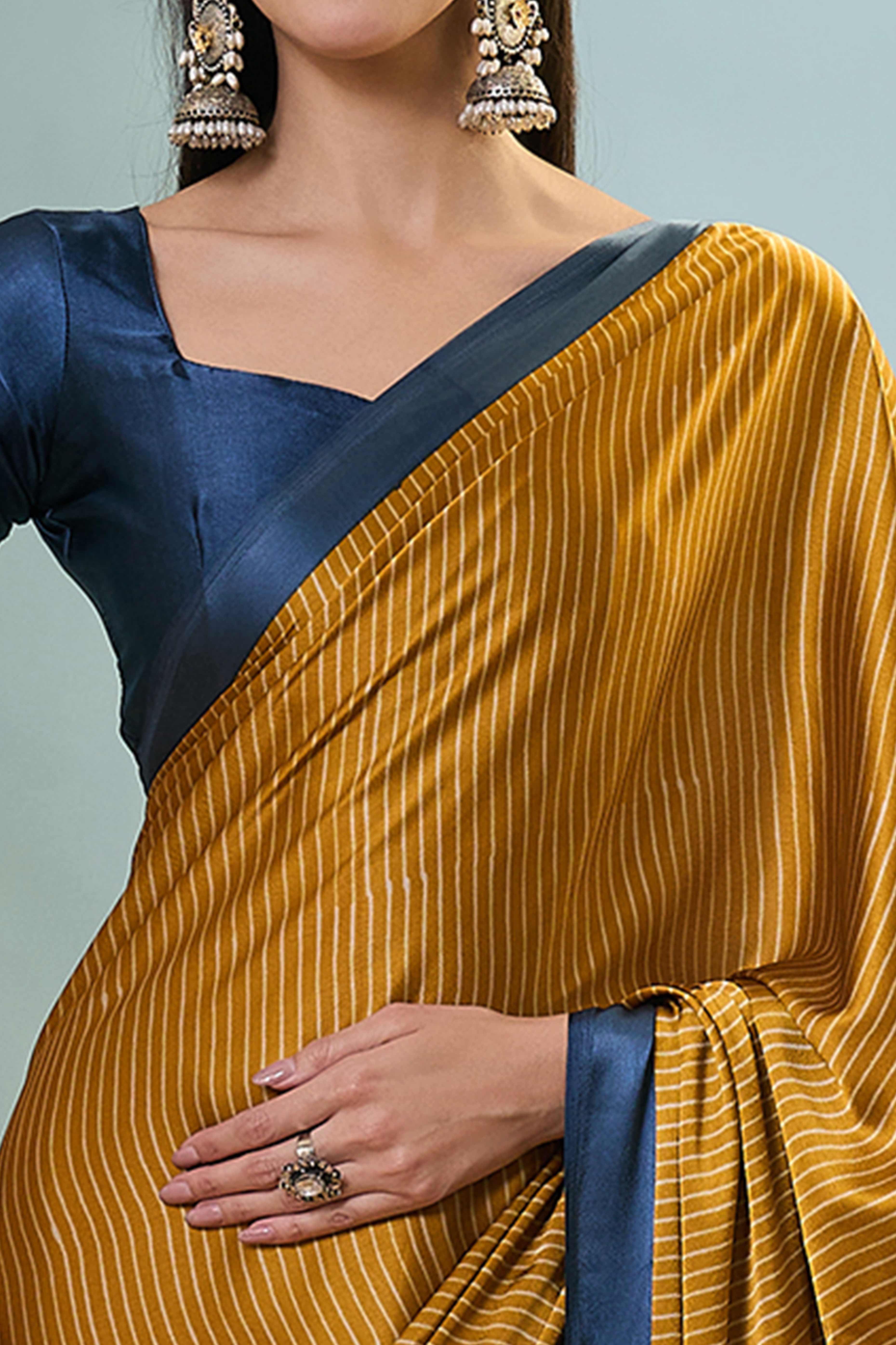 Mustard Ajrakh Print Satin Saree With Traditional Charm - Image 2
