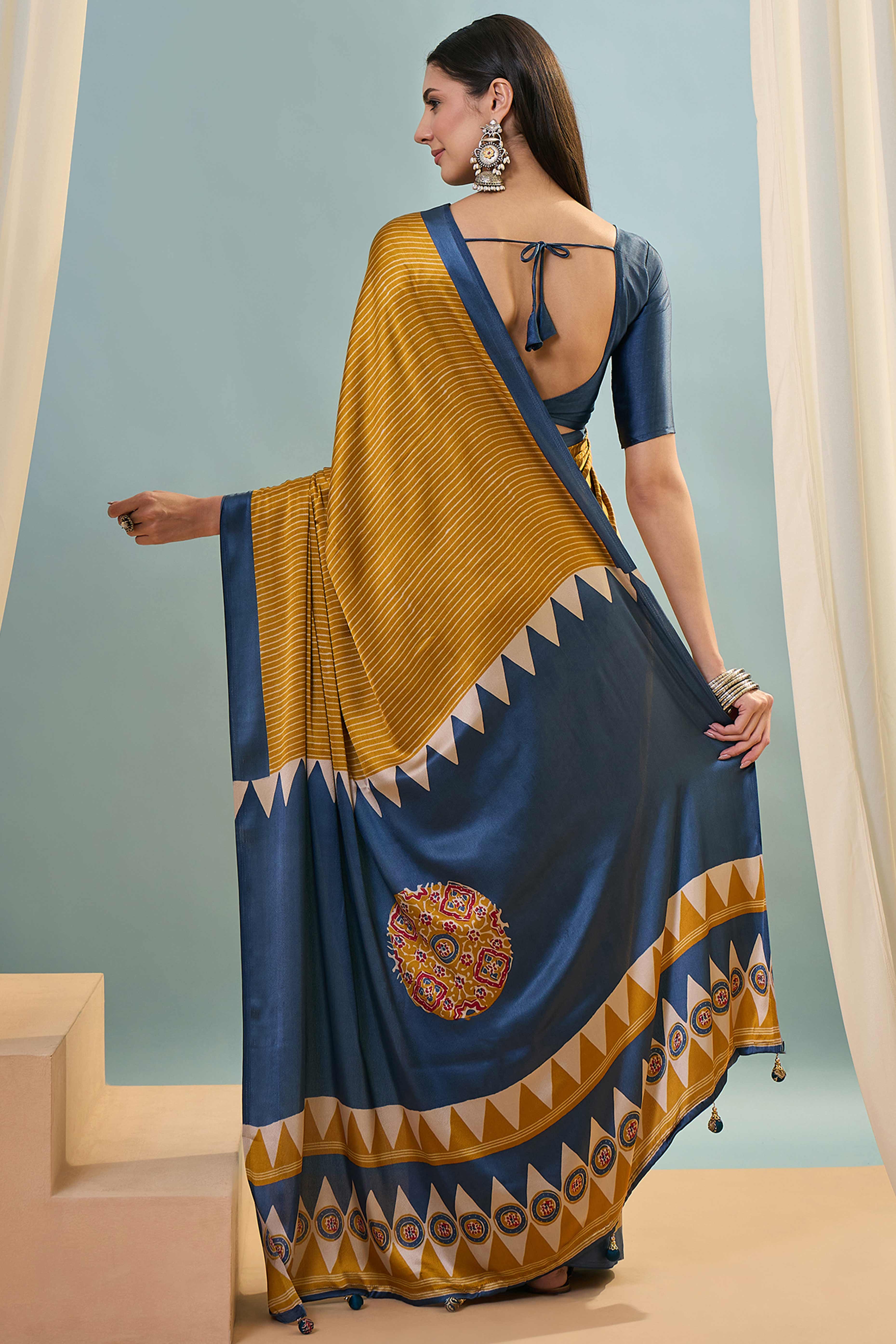 Mustard Ajrakh Print Satin Saree With Traditional Charm - Image 5