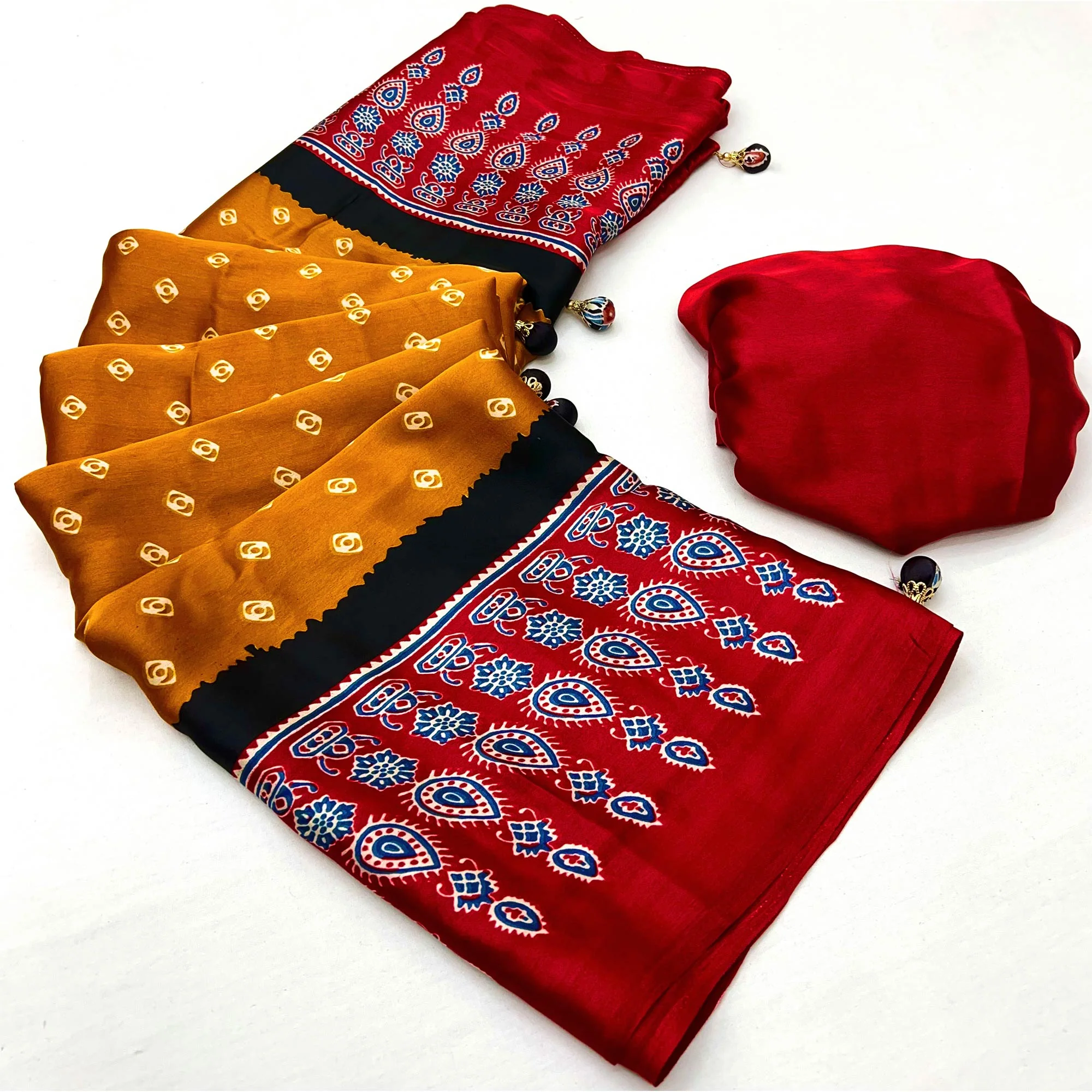 Mustard Ajrakh Printed Modal Satin Saree with Traditional Ajrakh Charm - Image 10