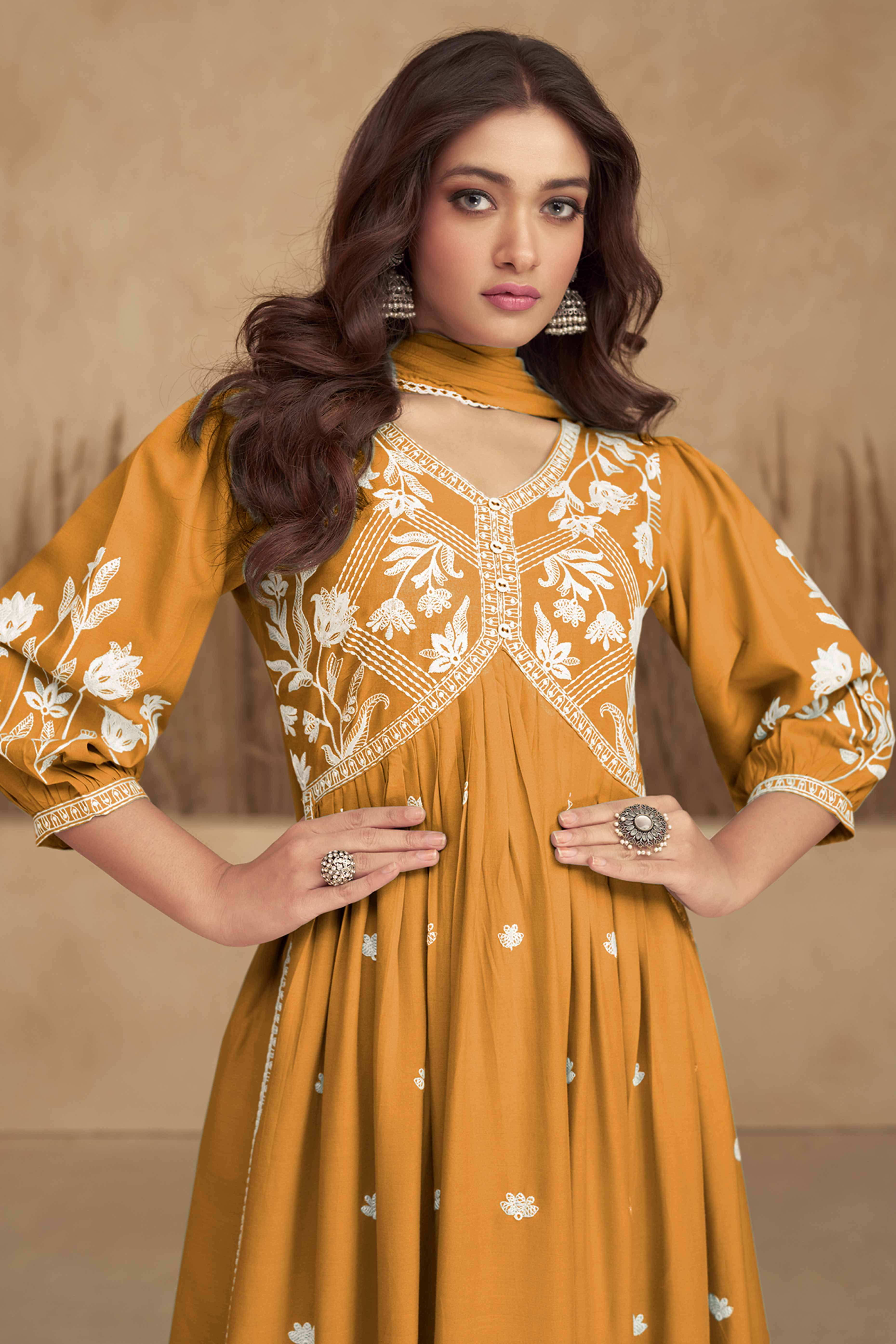 Mustard Alia Cut Rayon Suit with Classic Lucknowi Embroidery - Image 3