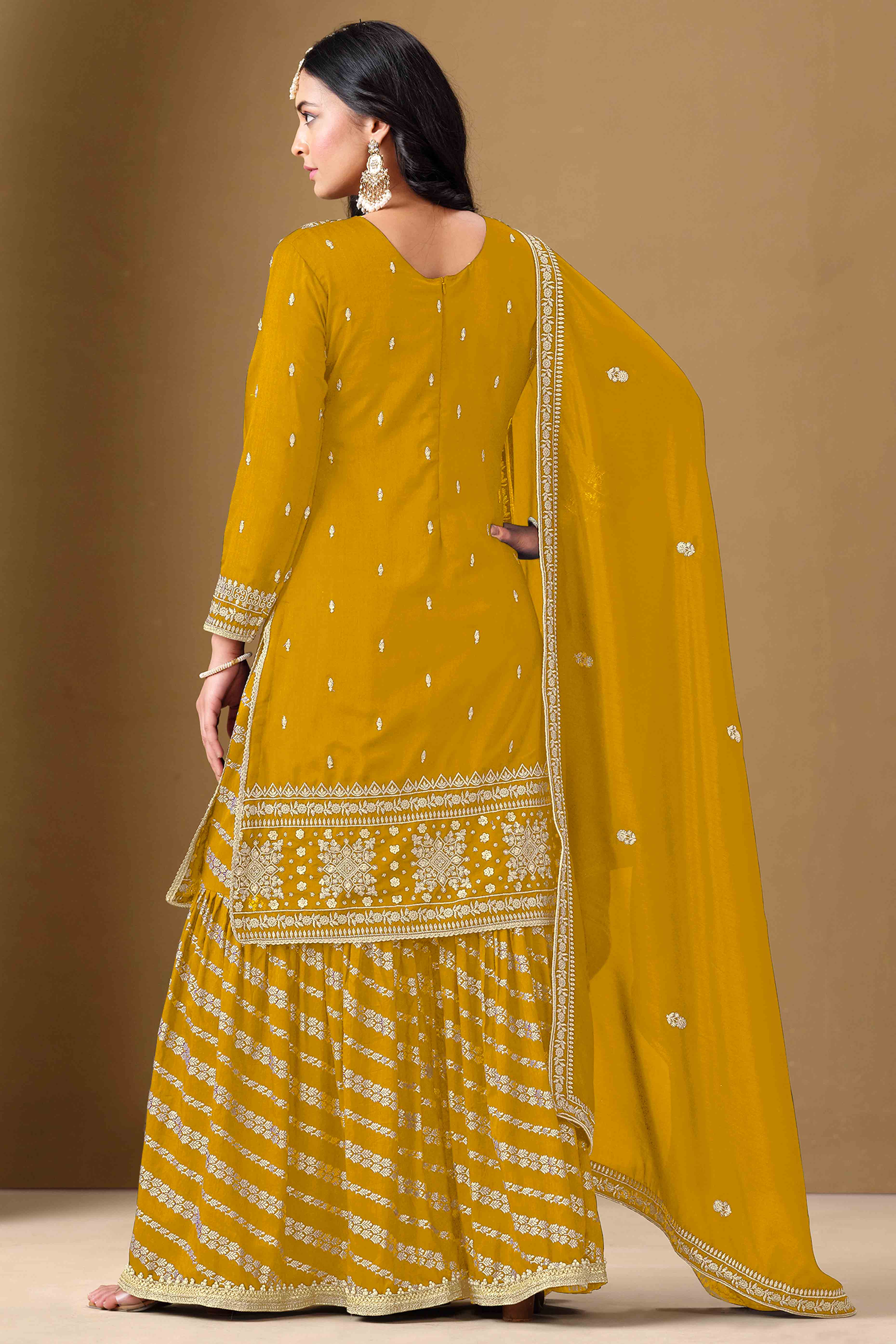 Mustard Art Silk Sharara Suit With Floral Sequins Embroidery Work - Image 4