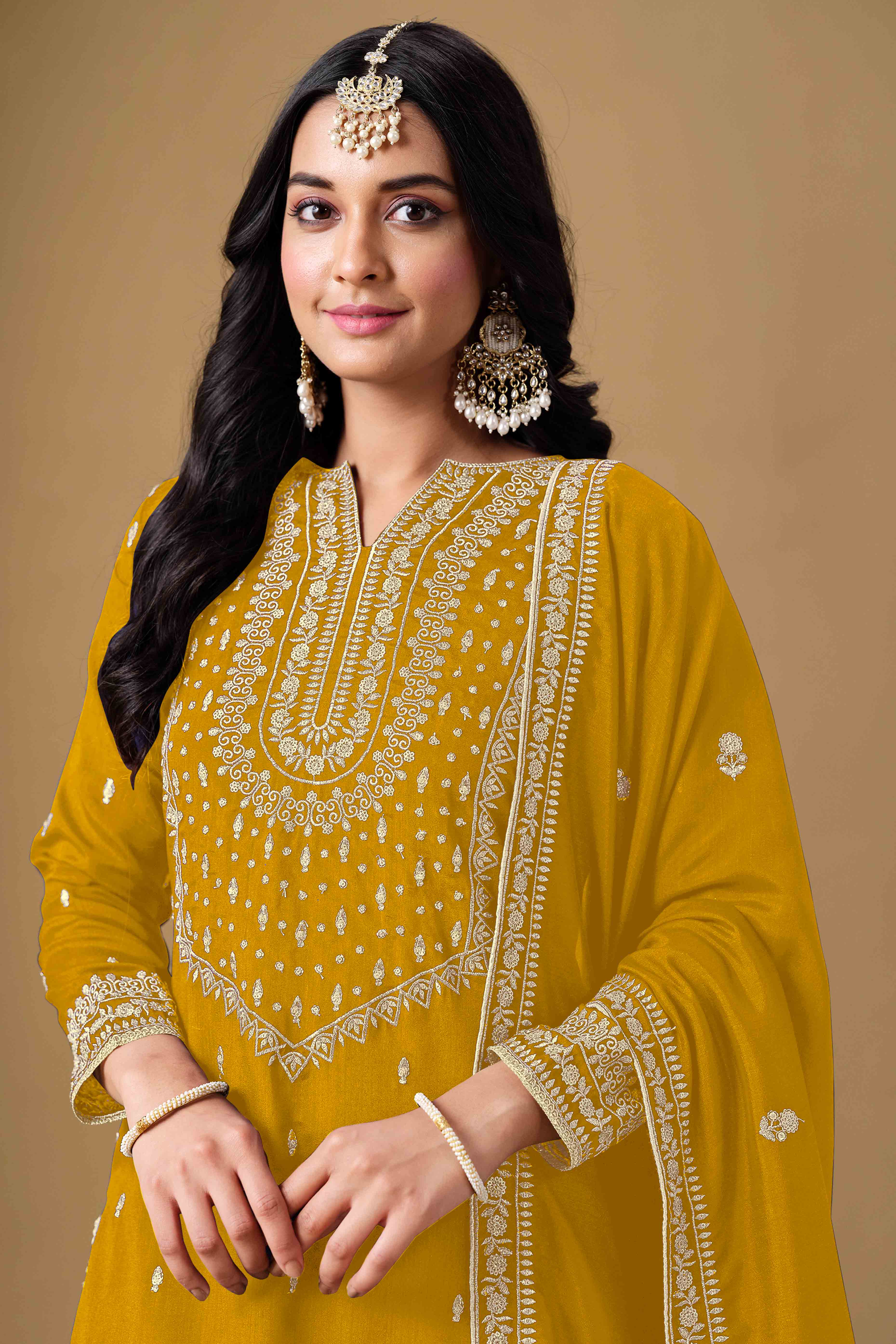 Mustard Art Silk Sharara Suit With Floral Sequins Embroidery Work - Image 5