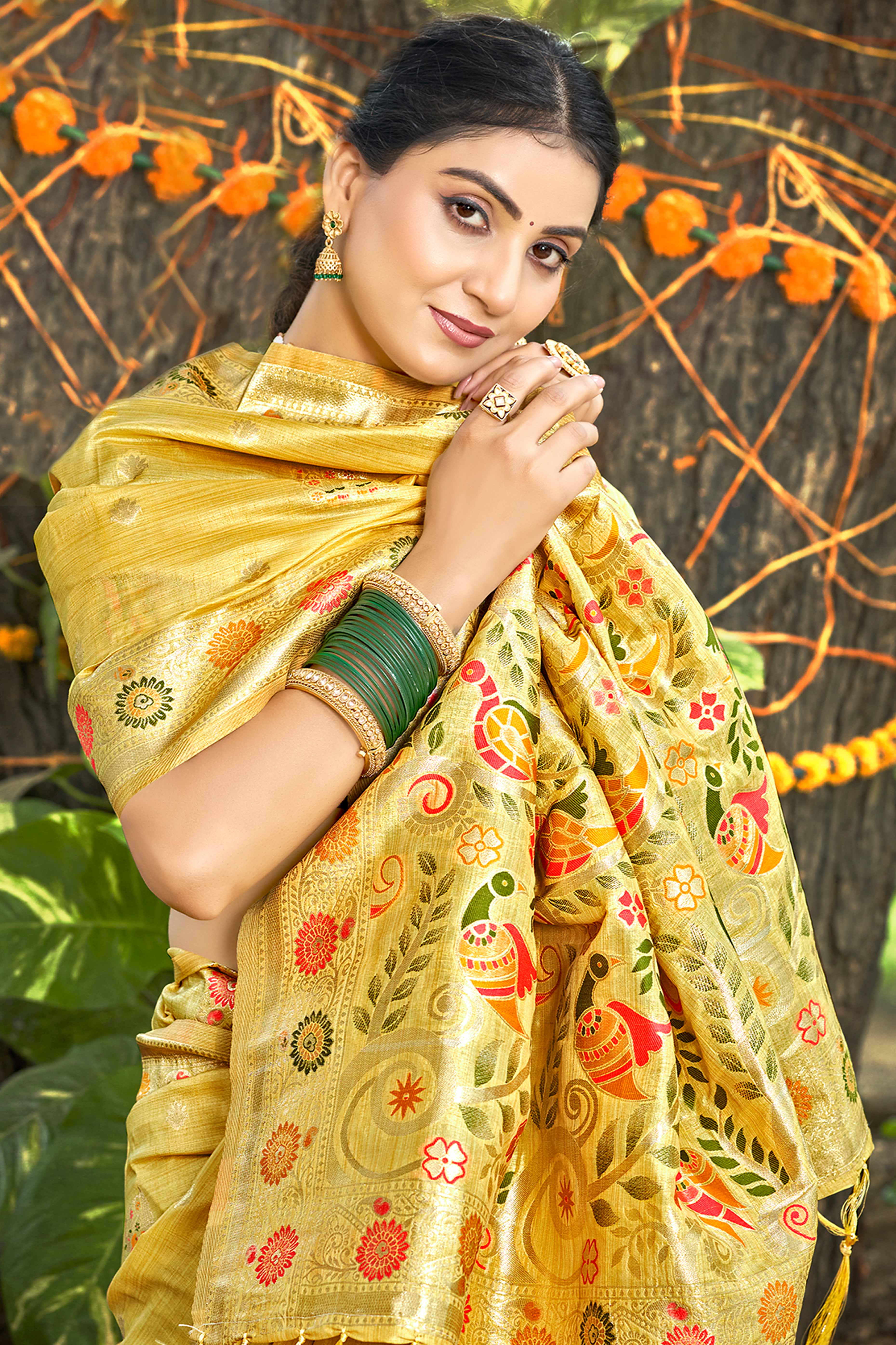 Mustard Assam Silk Blend Saree Featuring Intricate Floral Zari Weaving With Tassel Pallu - Image 3