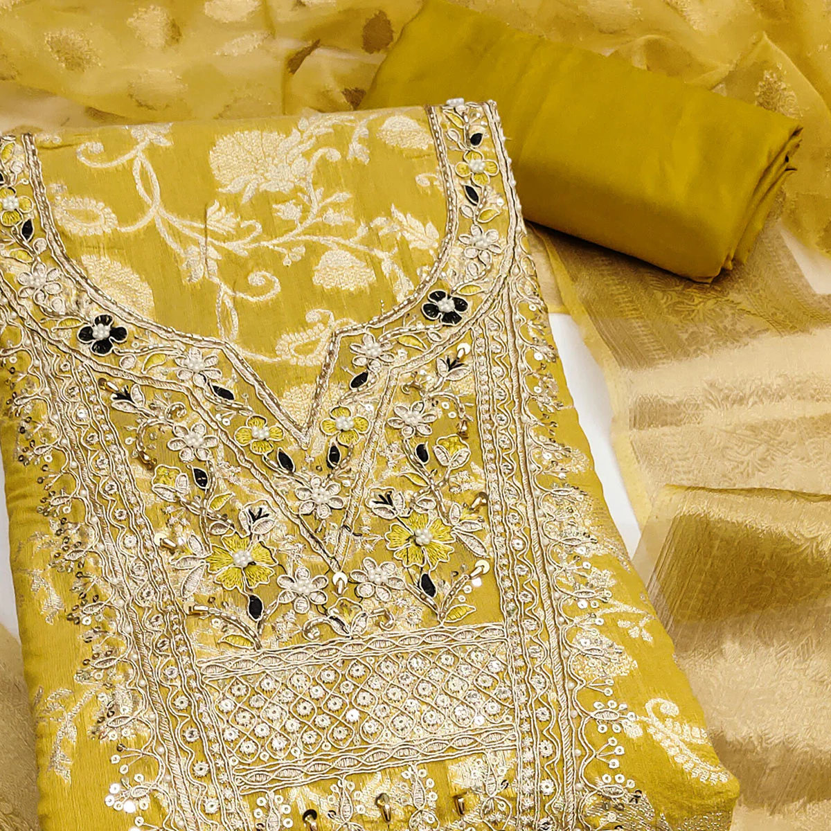 Mustard Banarasi Silk Dress Material Featuring Floral Weaving With Cording & Sequins Embroidery - Image 2