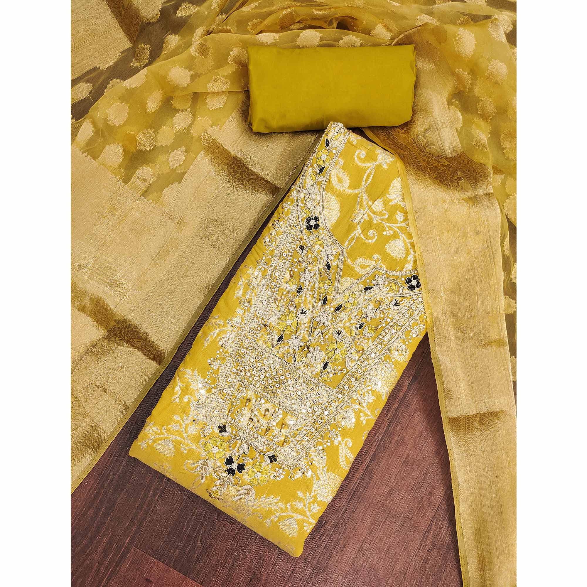 Mustard Banarasi Silk Dress Material Featuring Floral Weaving With Cording & Sequins Embroidery - Image 3