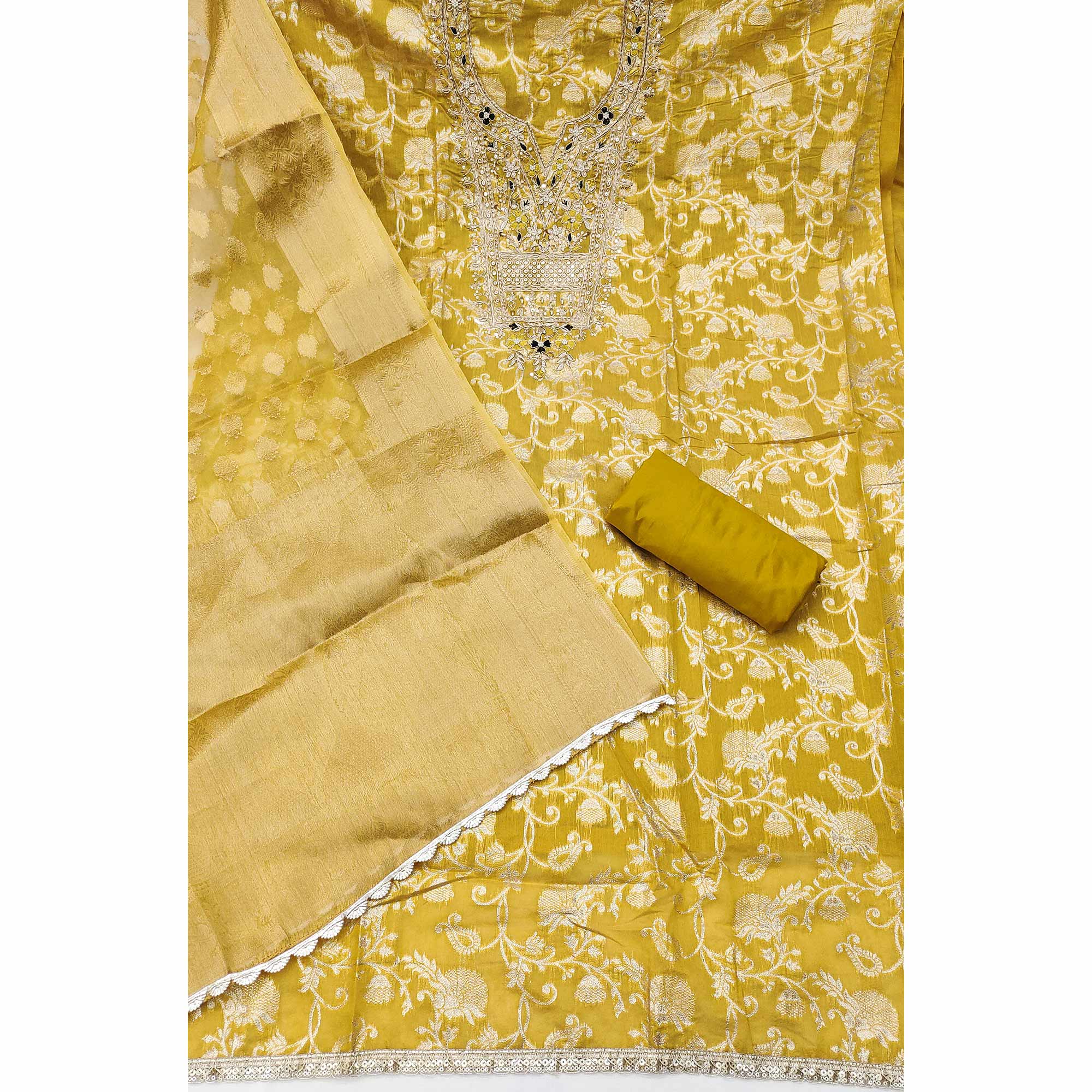 Mustard Banarasi Silk Dress Material Featuring Floral Weaving With Cording & Sequins Embroidery - Image 4