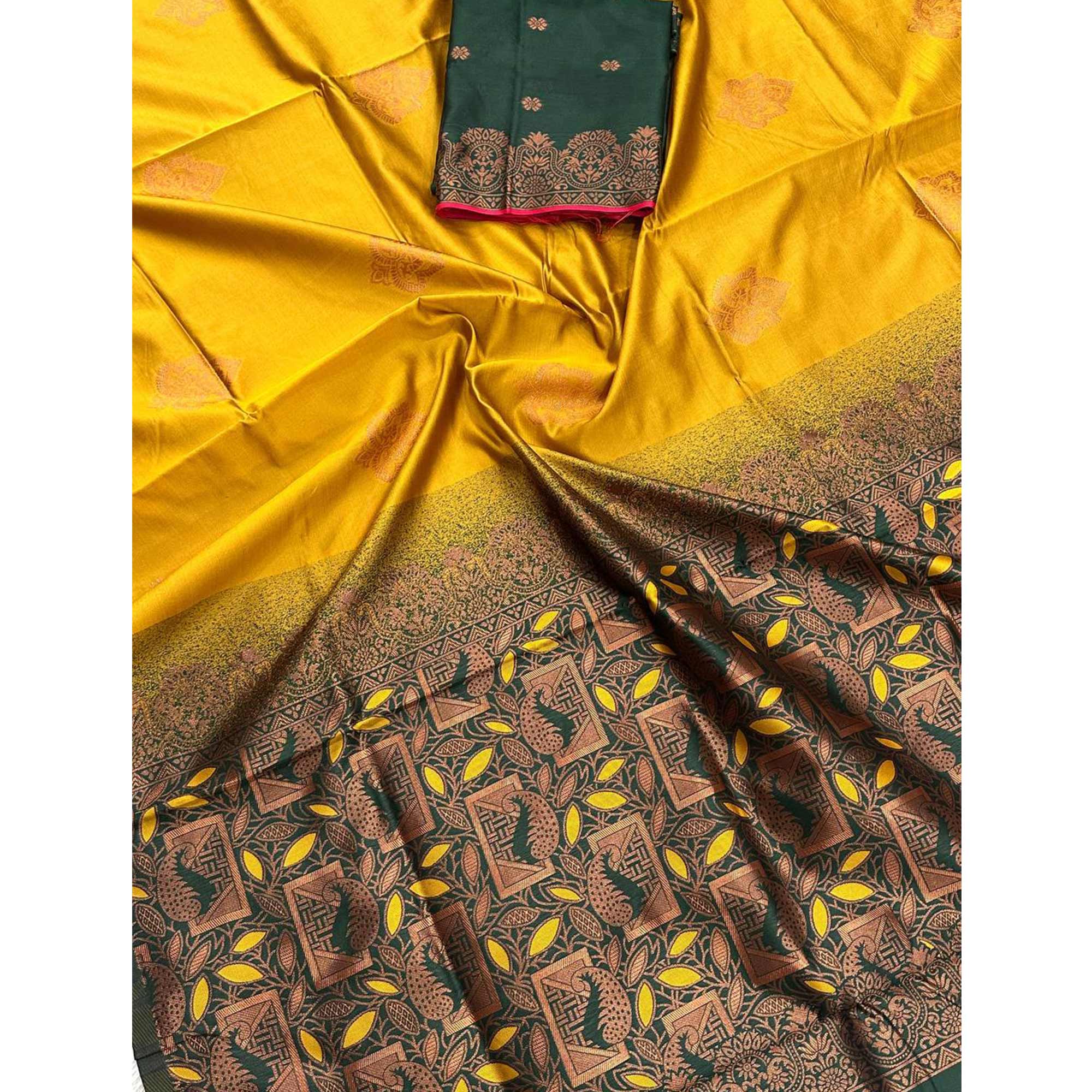 Mustard Banarasi Silk Saree Adorned with Elegant Floral Zari Weaving - Image 8