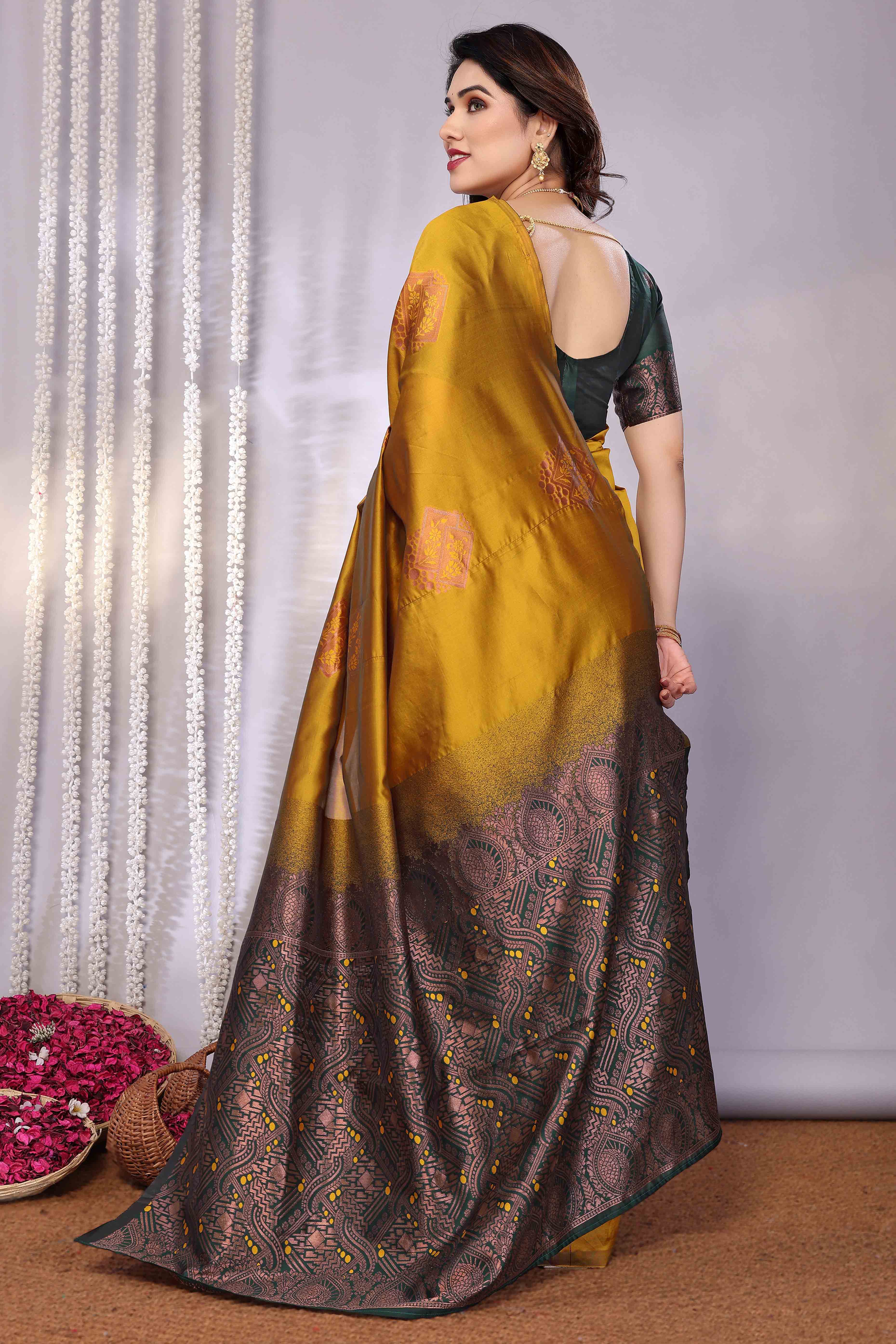 Mustard Banarasi Silk Saree Adorned With Floral Zari Weaving - Image 5