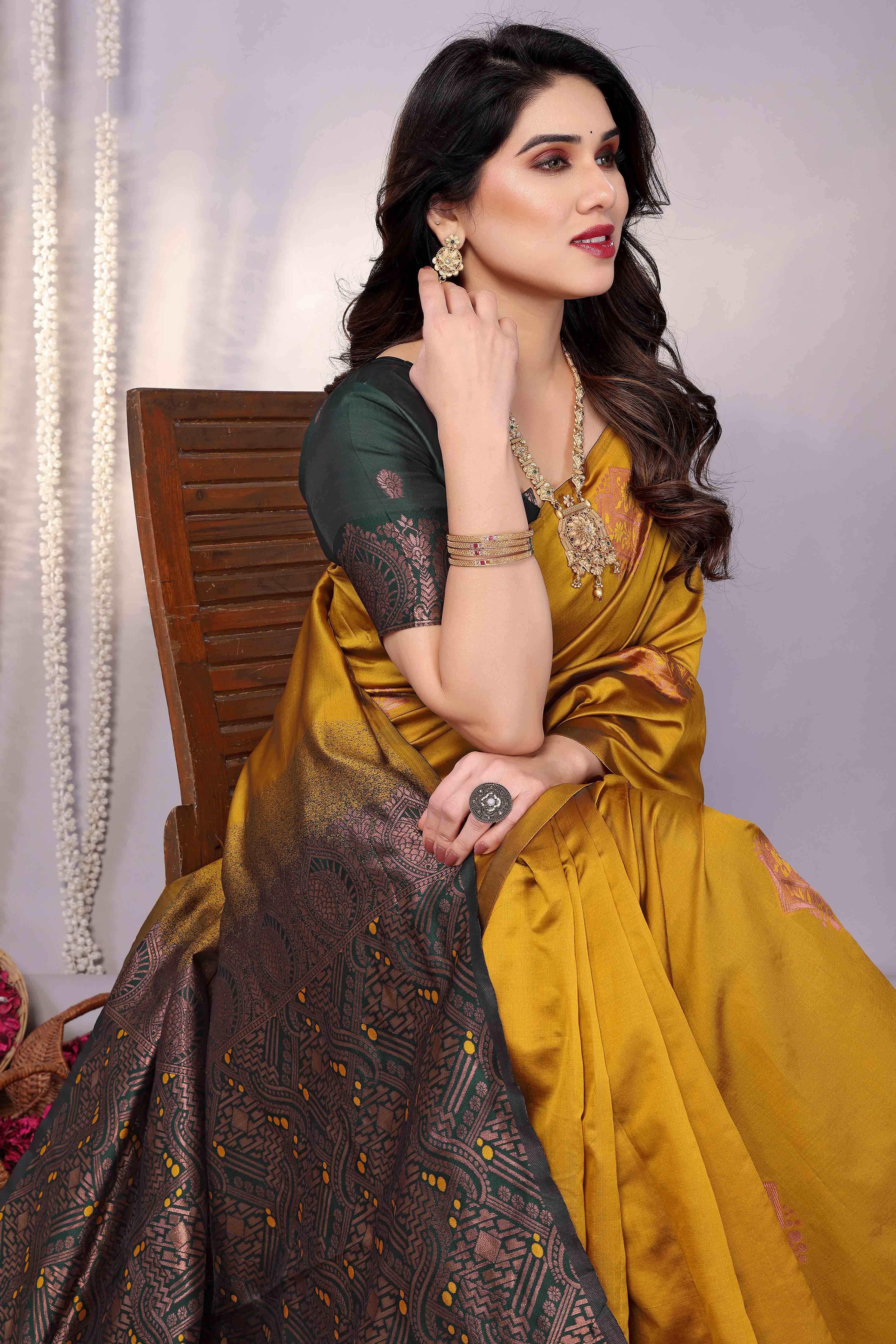 Mustard Banarasi Silk Saree Adorned With Floral Zari Weaving - Image 6