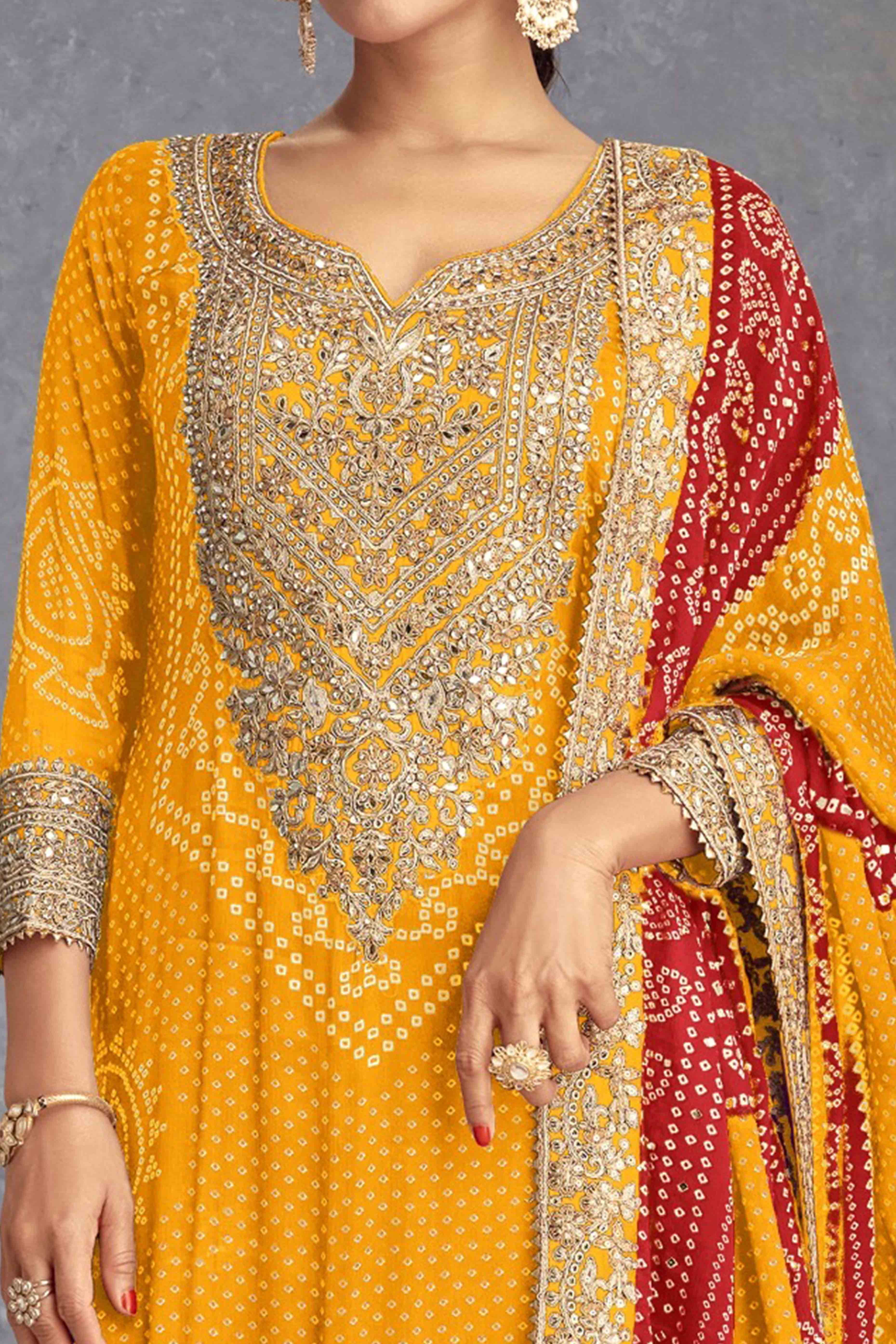 Mustard Bandhani Digital Print With Sequins & Mirror Work Chinon Palazzo Suit - Image 2