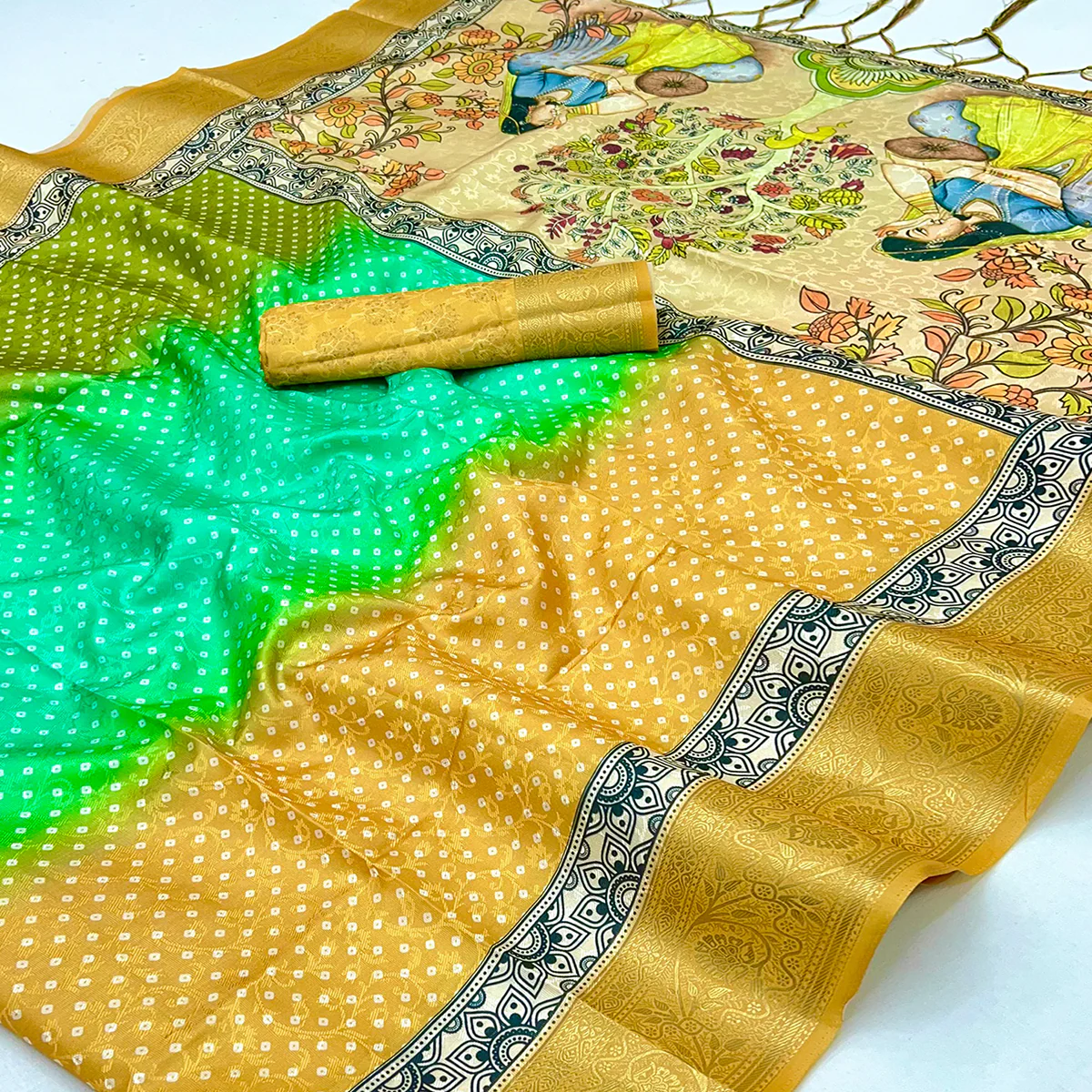Mustard Bandhani Digital Printed Silk Blend Weaving Saree With Artistic Madhubani Pallu With Tassel - Image 2