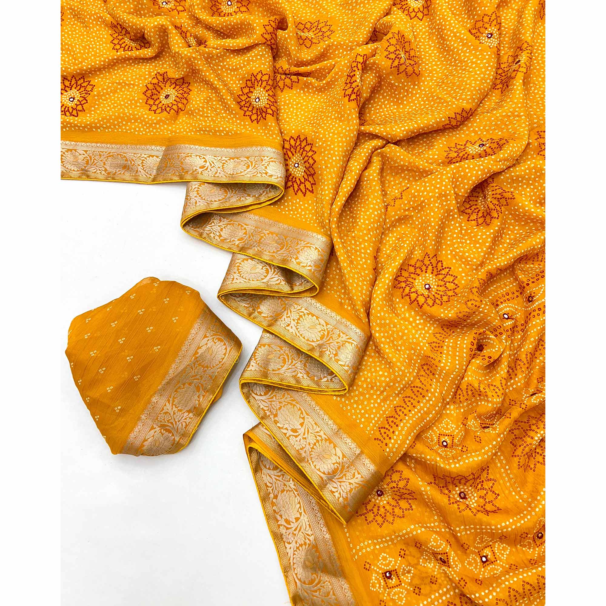 Mustard Bandhani Printed Chiffon Saree - Image 3