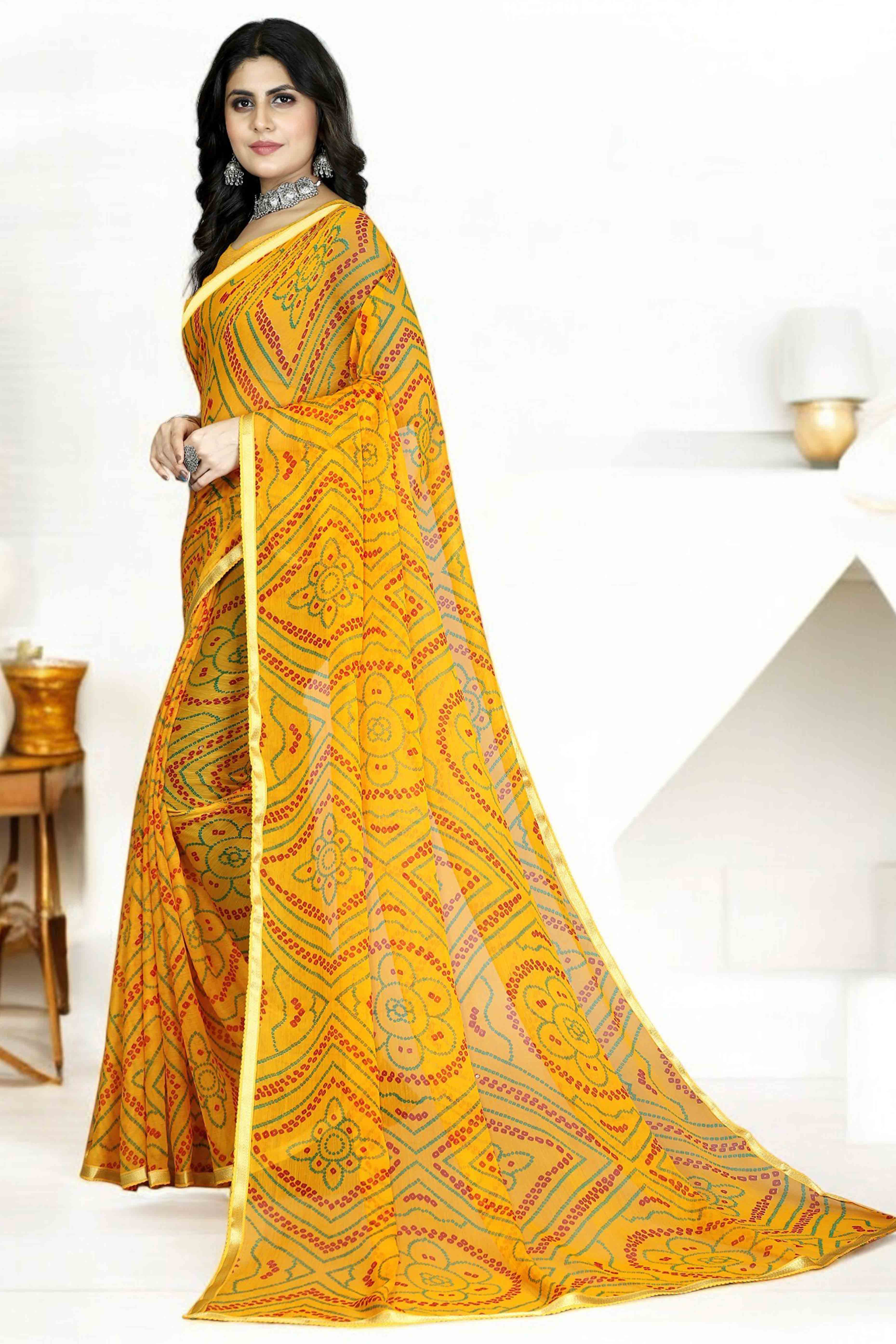 Mustard Bandhani Printed Chiffon Saree With Lace Border - Image 3