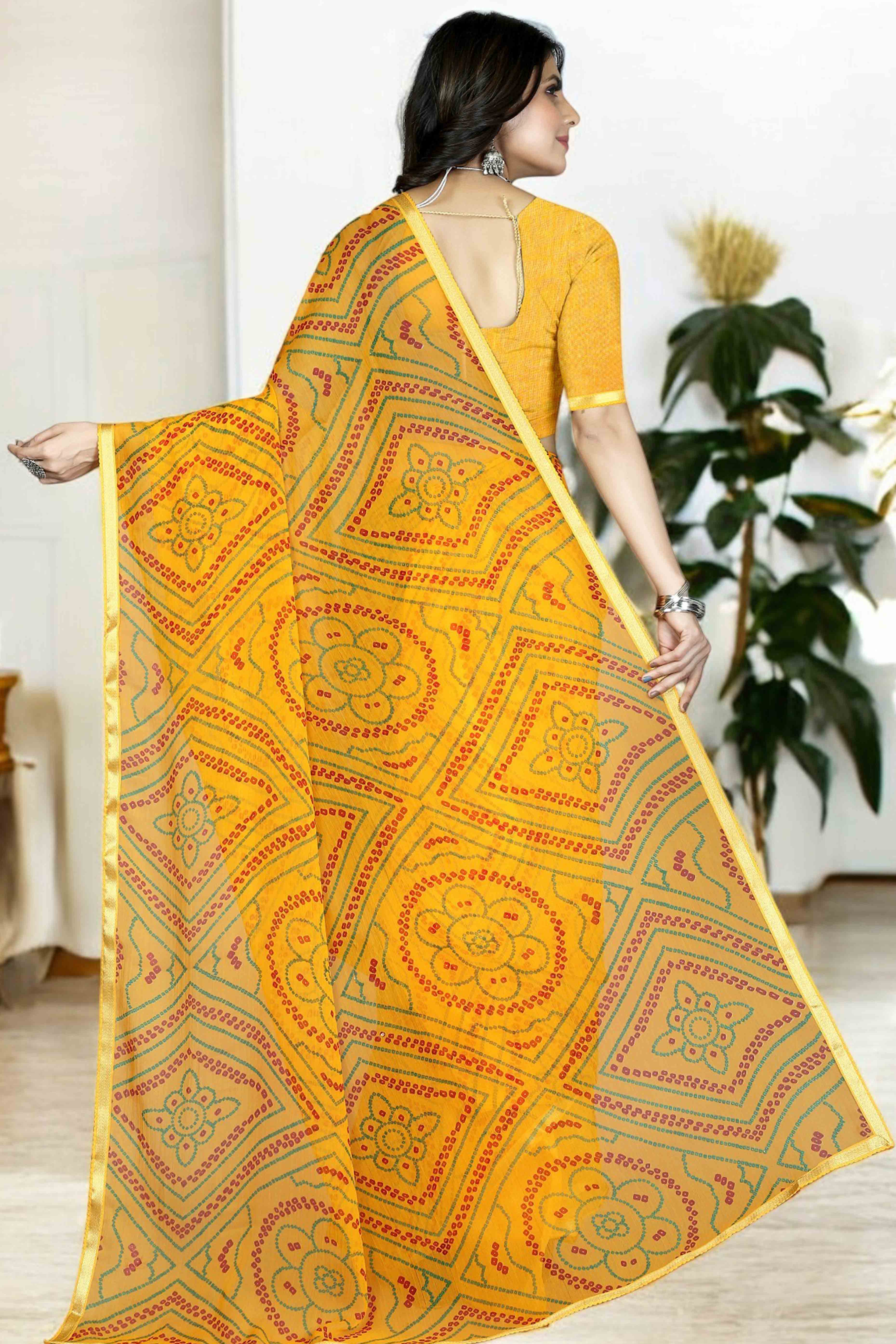 Mustard Bandhani Printed Chiffon Saree With Lace Border - Image 4